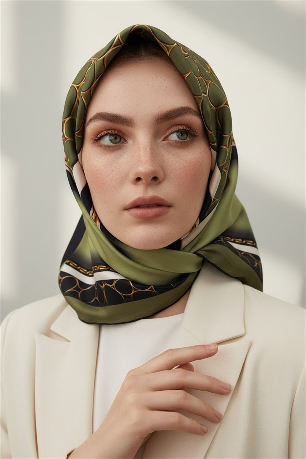 %100 Twill İpek Gold Halka Desenli Haki - Siyah Renkli 90x90 Eşarp Dikim Şekli : El Dikişi