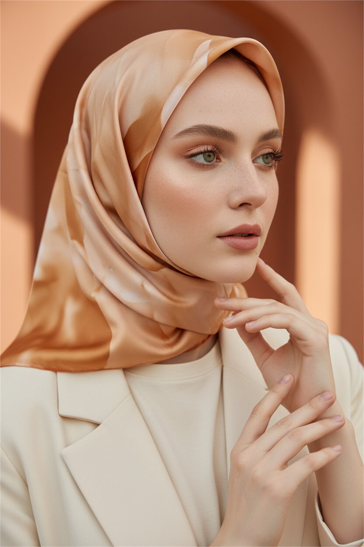 Rayon Büyük Çiçek Desenli Turuncu Renkli 90x90 Eşarp (İpek İçermez) Kenar Dikiş Şekli El Dikişli