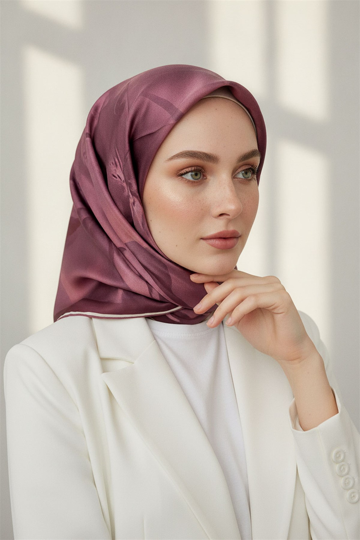 % 57 İPEK % 43 VİSKON Twill İpek Çiçek Desenli Gül Kurusu Renkli 90x90 Dikim Şekli : El Dikişi Eşarp