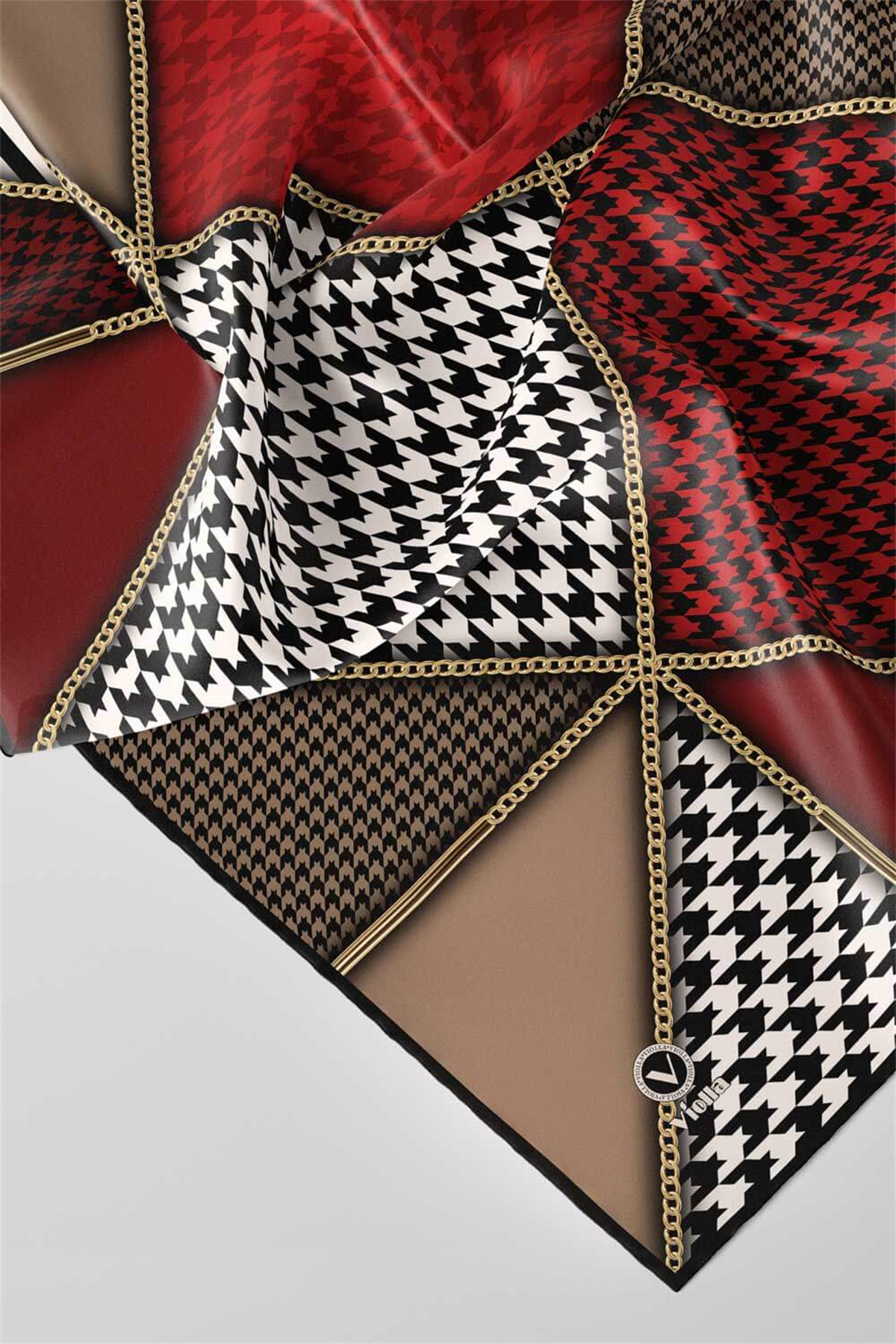 Twil Geometrik Ve Kazayak Desenli Bordo Renkli 90x90 Eşarp (İpek İçermez) Dikim Şekli : El Dikişi