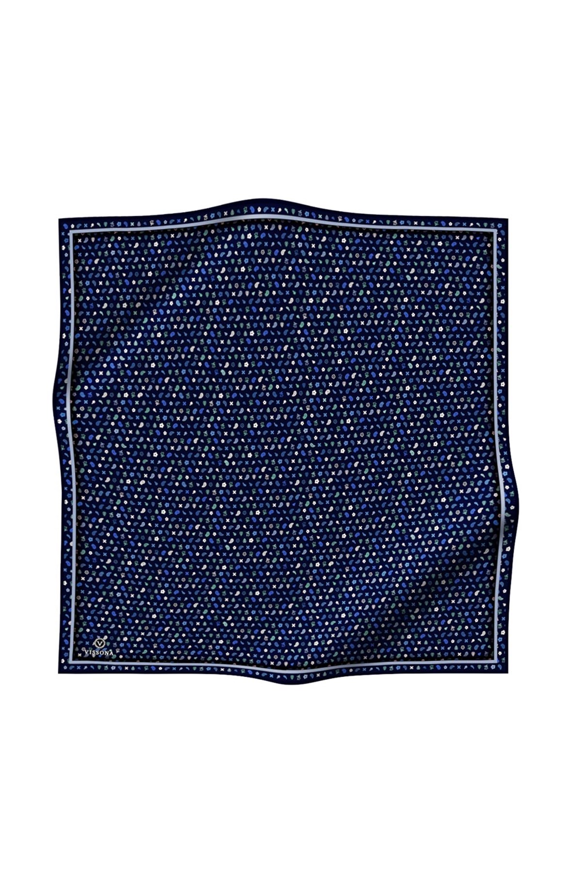 %100 Twill İpek Çıtır Desenli Lacivert Renkli 90x90 Eşarp Dikim Şekli : El Dikişi