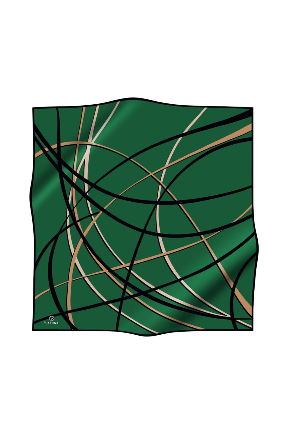 %100 Twill İpek Çizgili Desenli Zümrüt Yeşili - Siyah Renkli 90x90 Eşarp Dikim Şekli : El Dikişi