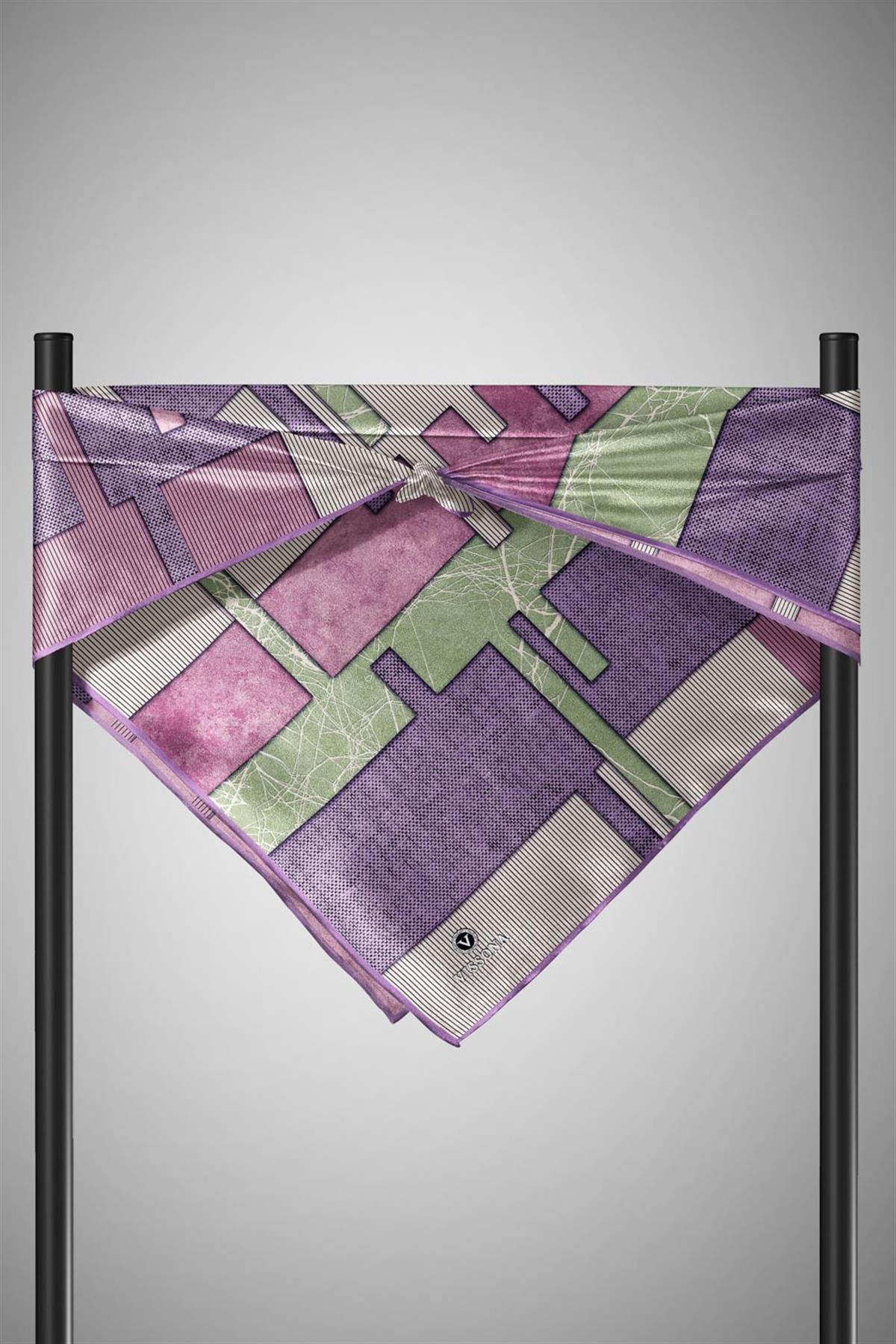 %100 Twill İpek Geometrik Desenli Lila Renkli 90x90 Eşarp Dikim Şekli : El Dikişi