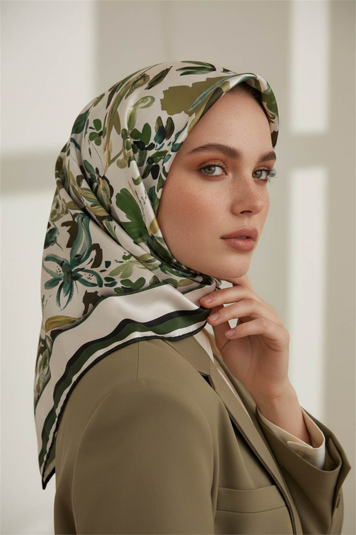 Rayon Çiçek Desenli Zümrüt Yeşili Renkli 90x90 Dikim Şekli : El Dikişi Eşarp (İpek İçermez)