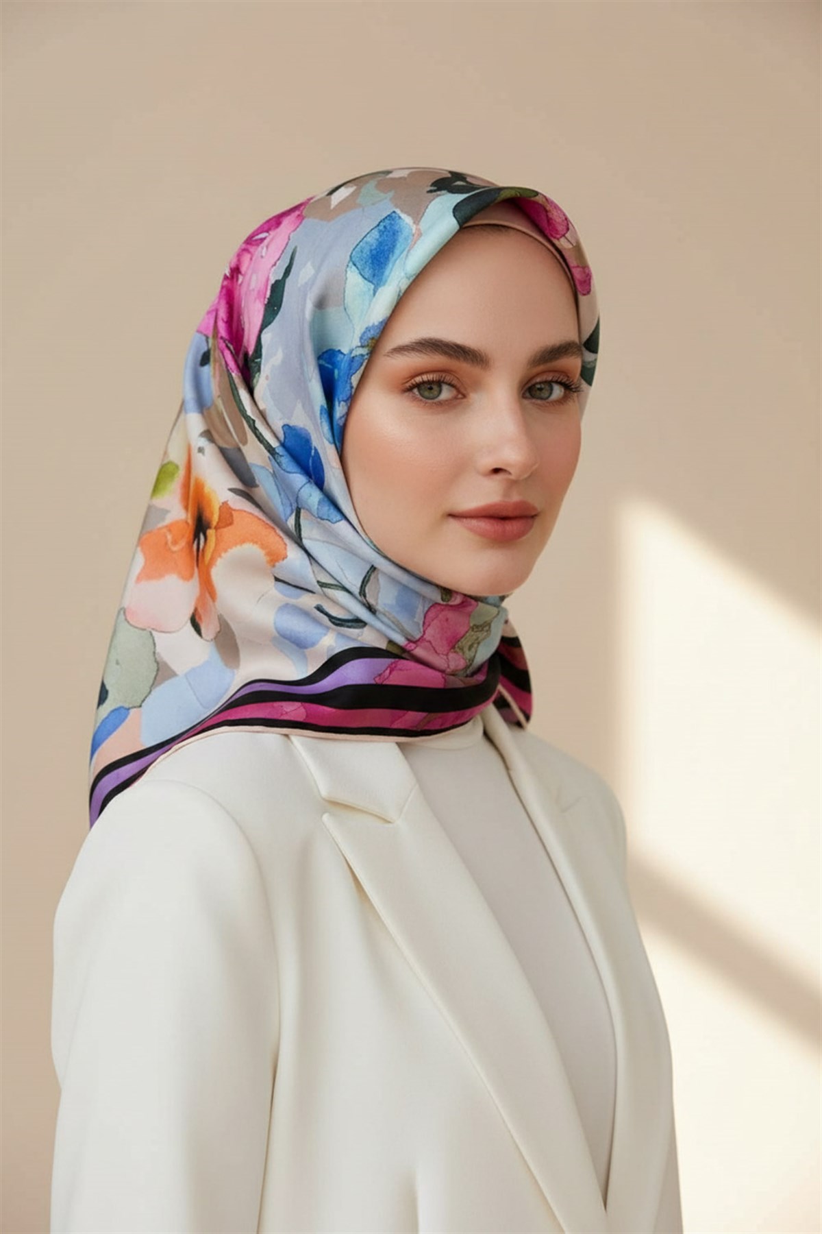 % 57 İPEK % 43 VİSKON Twill İpek Sulu Boyalı Çiçek Desenli Pembe - Bebe Mavisi Renkli 90x90 Eşarp Dikim Şekli : El Dikişi