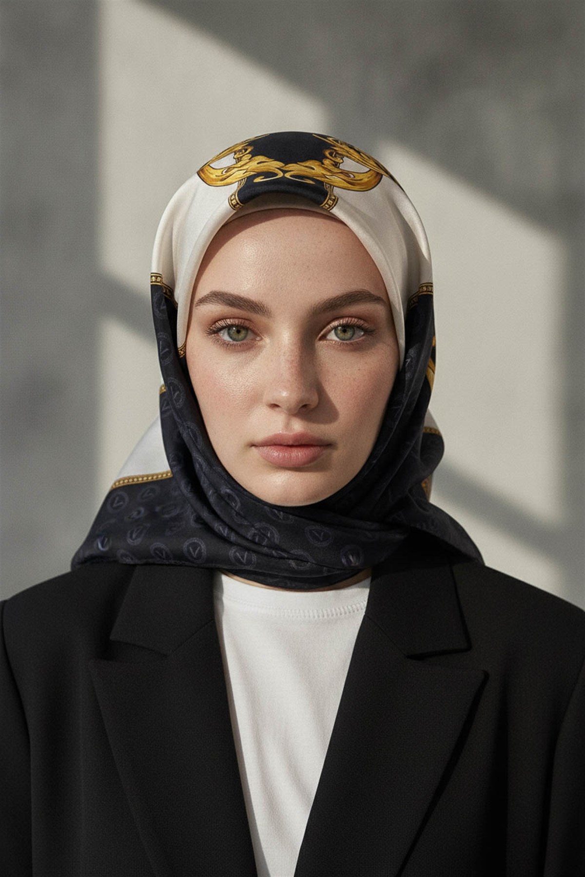 %100 Twill İpek Monogram Ve Barok Desenli Siyah - Krem Renkli 90x90 Eşarp Dikim Şekli : El Dikişi