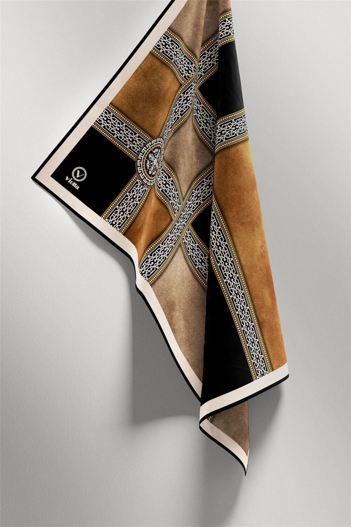 Twill Geometrik Desenli Hardal Renkli 90x90 Eşarp (İpek İçermez) Kenar Dikiş Şekli El Dikişli