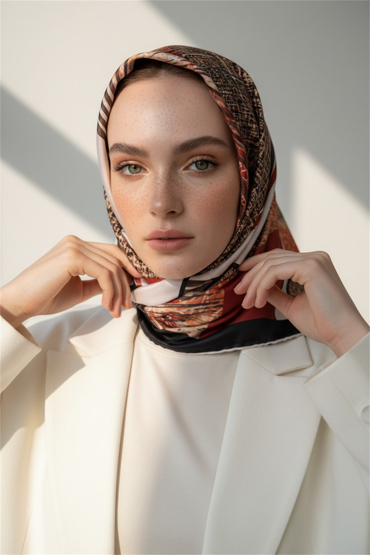Twill Dalgalı Geometrik Desenli Taba Renkli 90x90 Eşarp (İpek İçermez) Kenar Dikiş Şekli El Dikişli