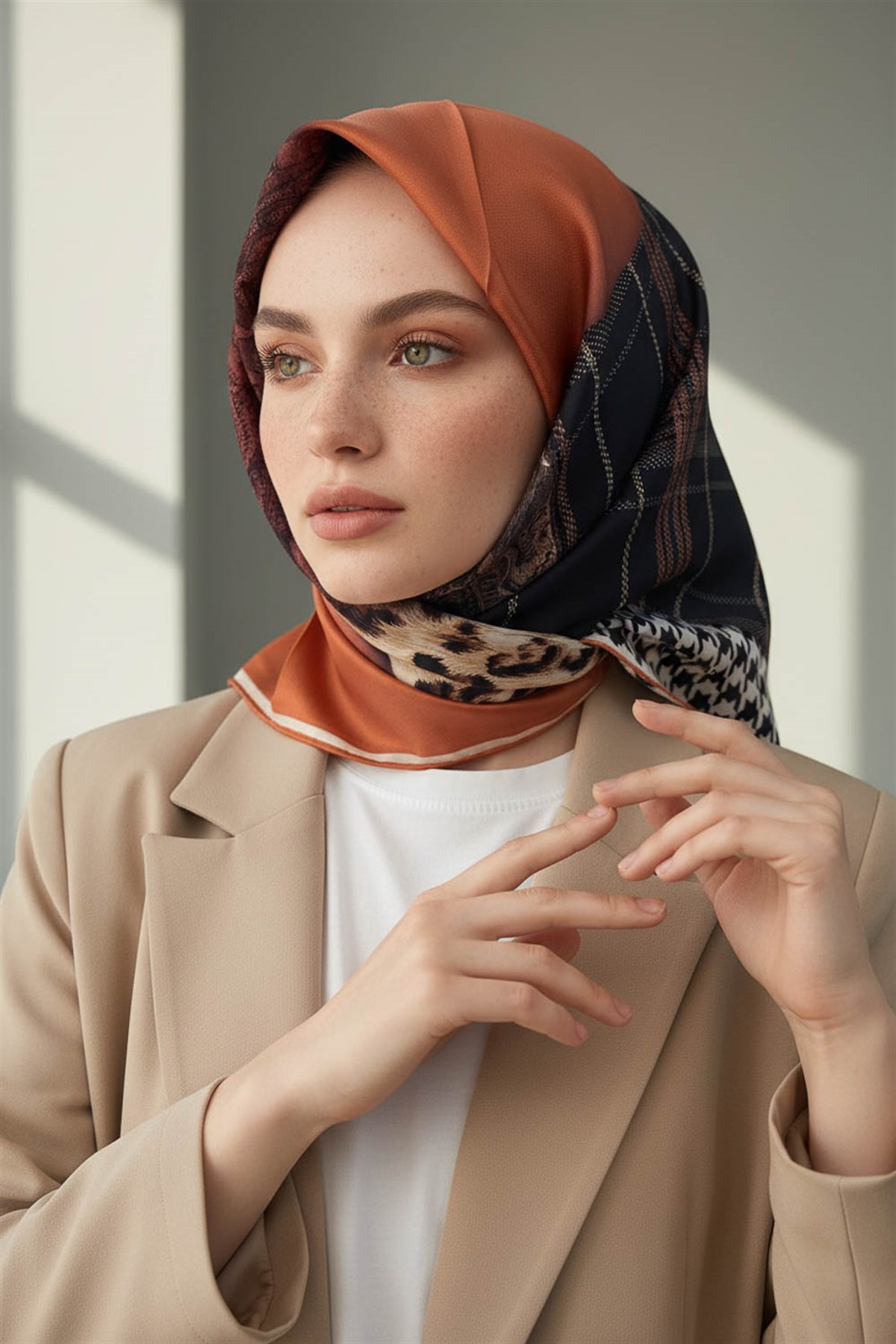 % 57 İPEK % 43 VİSKON Twill İpek Kazayaklı Ekoseli Leoparlı Ve Şal Desenli Taba - Bej Renkli 90x90 Eşarp Dikim Şekli : El Dikişi