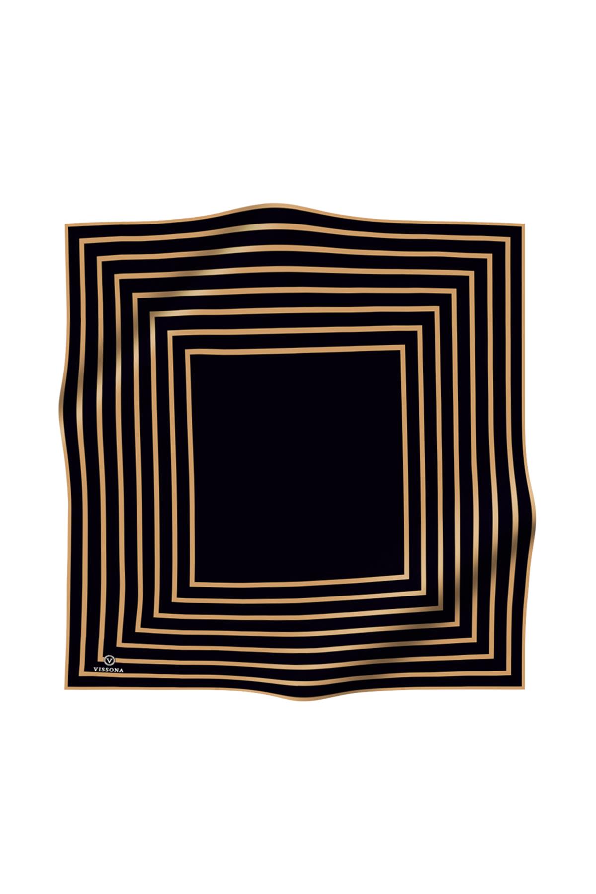 %100 Twill İpek Çizgili Desenli Siyah - Gold Renkli 90x90 Eşarp Dikim Şekli : El Dikişi