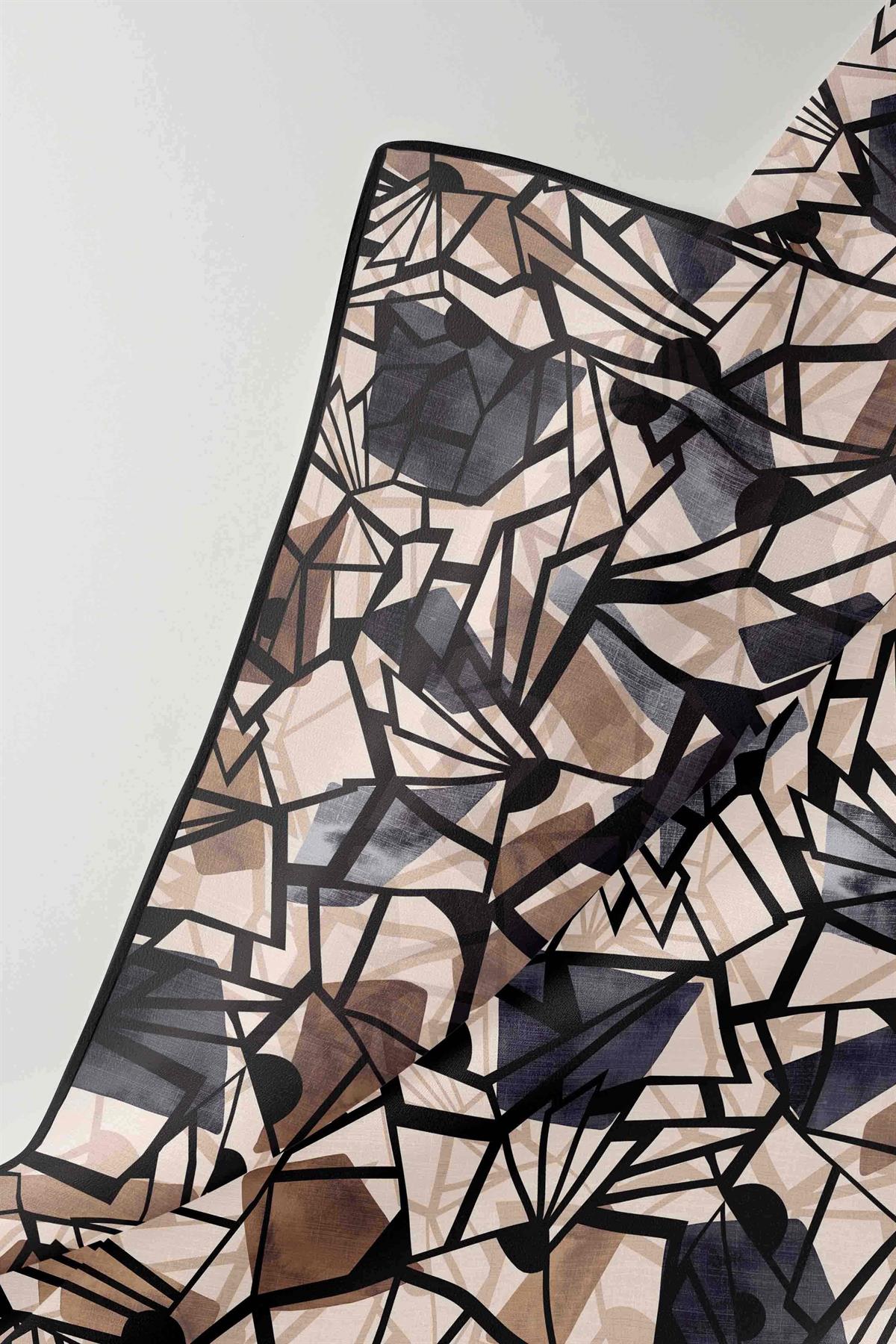 %100 Twill Renkli Petek Desenli Bej - Gri Renkli 90x90 Eşarp Dikim Şekli: El Dikişii