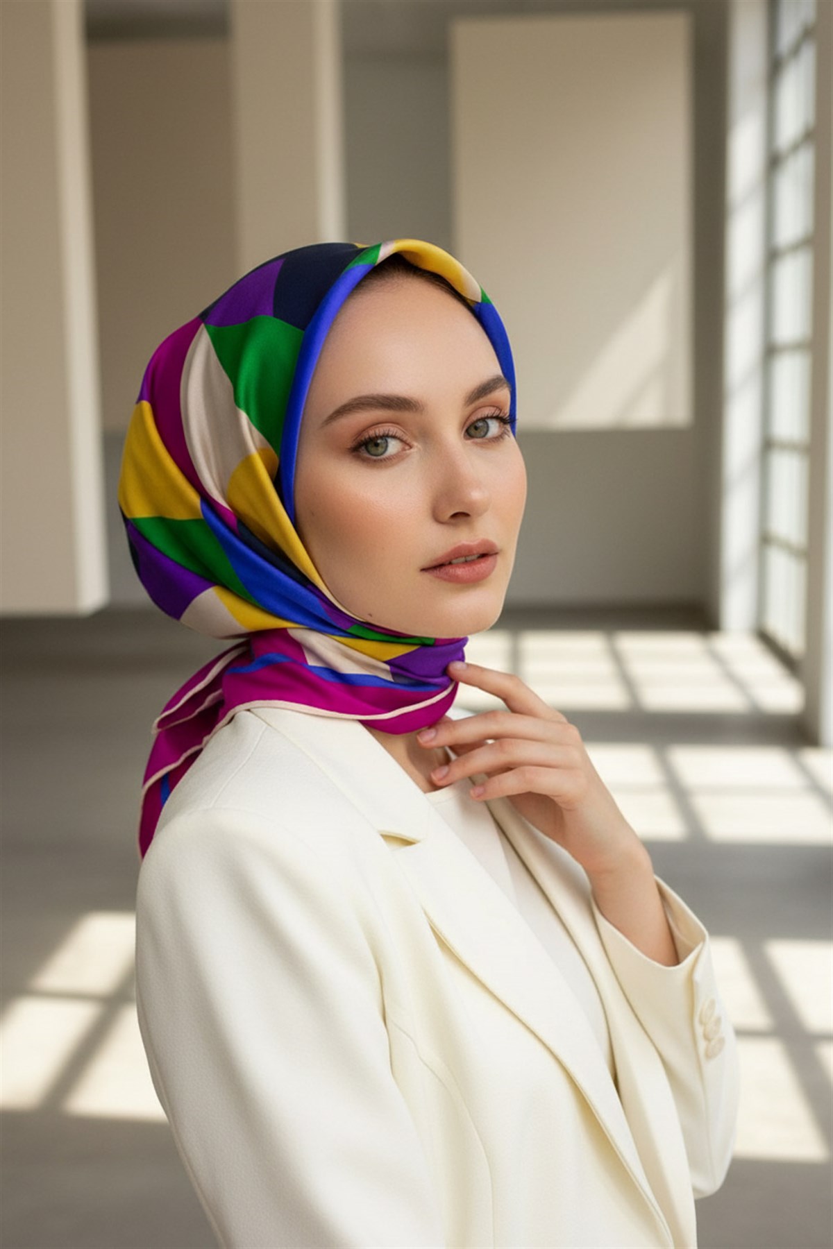 %100 Twill Renk Bloklu Çizgili Desenli Fuşya - Saks Renkli 90x90 Eşarp Dikim Şekli: El Dikişii