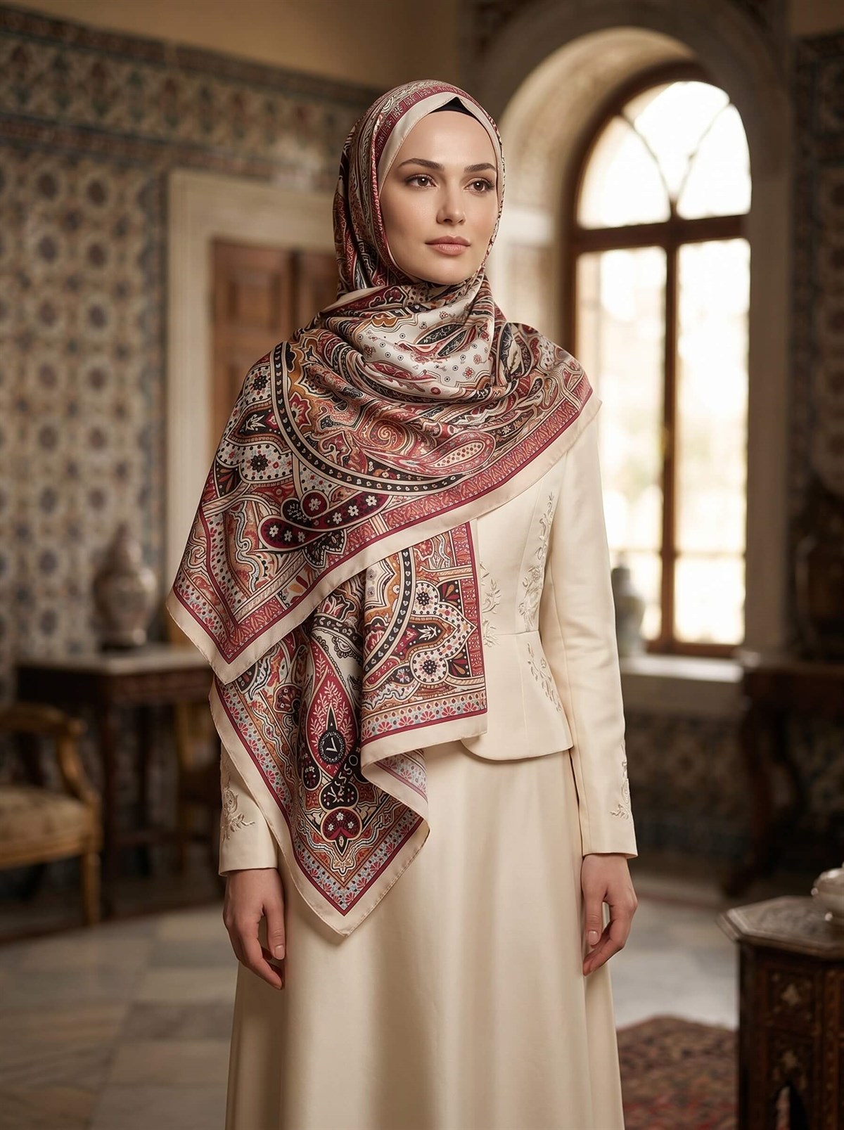 100% İpek Etro Desenli Taş - Bordo Renkli 92x210 Şal