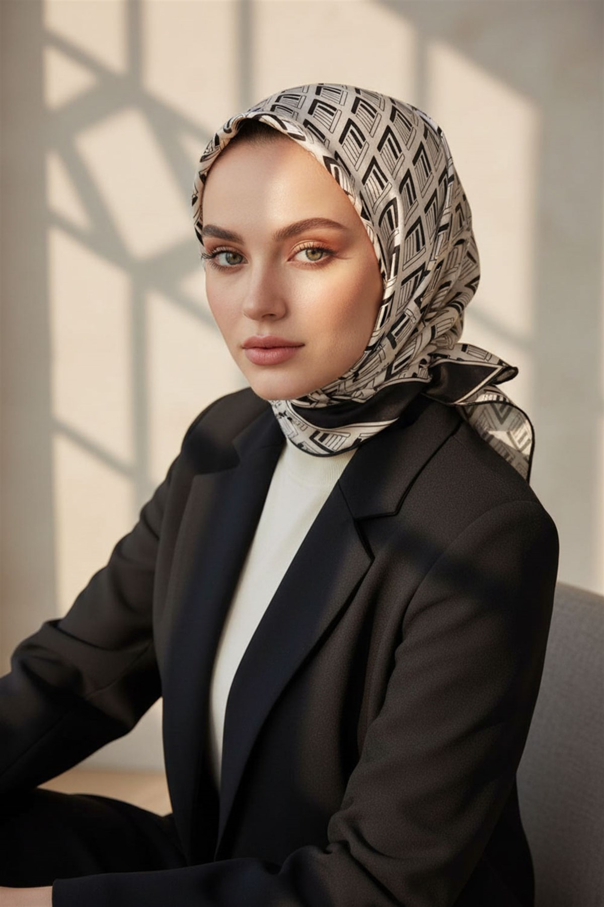%100 Twill İpek Geometrik Desenli Krem - Siyah Renkli 90x90 Eşarp Dikim Şekli : El Dikişi