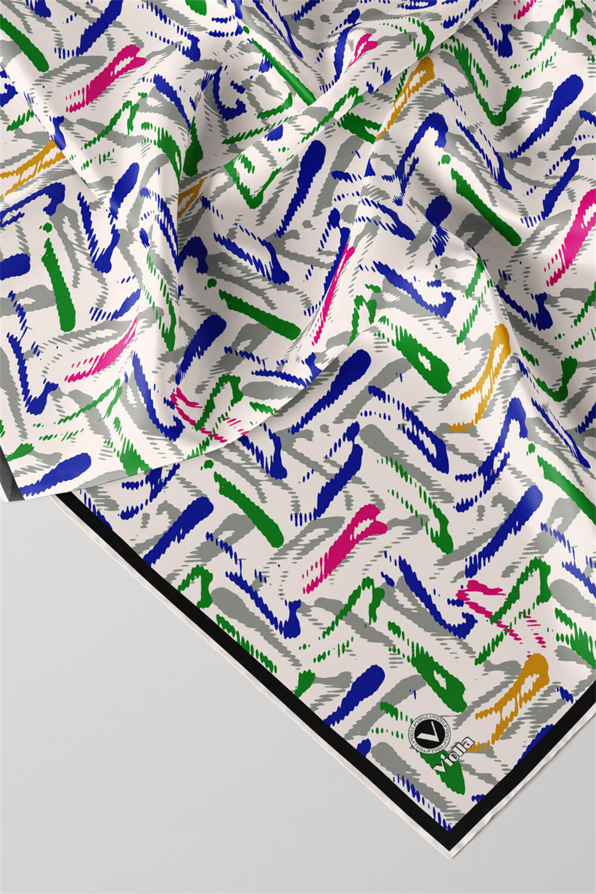 Twill Geometrik Desenli Zümrüt Yeşili - Pembe Renkli 90x90 Eşarp (İpek İçermez) Dikim Şekli : El Dikişi