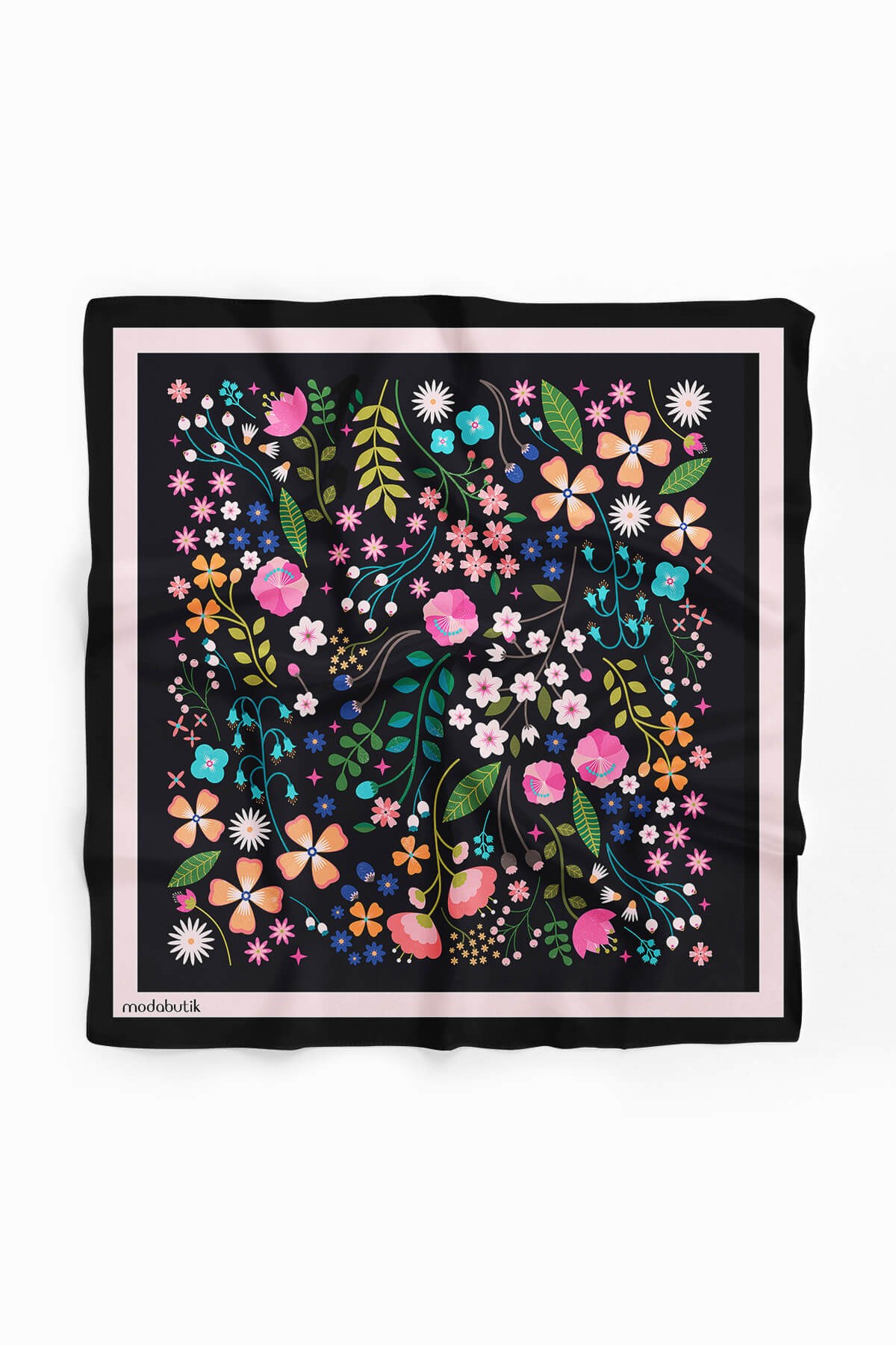 Kadın Siyah Pembe Çiçek Desenli 50x50 Bandana HYL DG01696-22