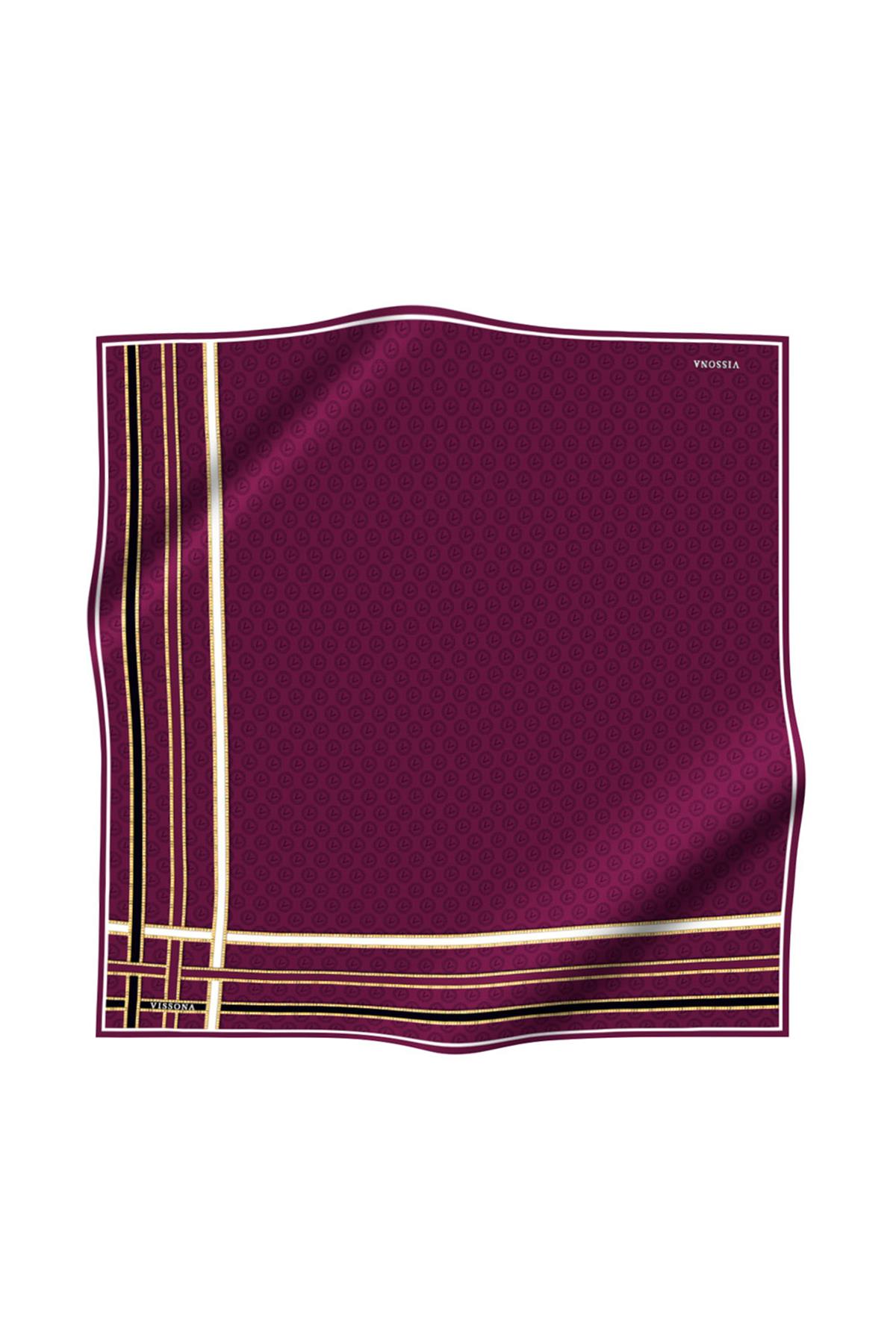 %100 Twill İpek Monogram Desenli Mürdüm - Siyah Renkli 90x90 Eşarp Dikim Şekli : El Dikişi