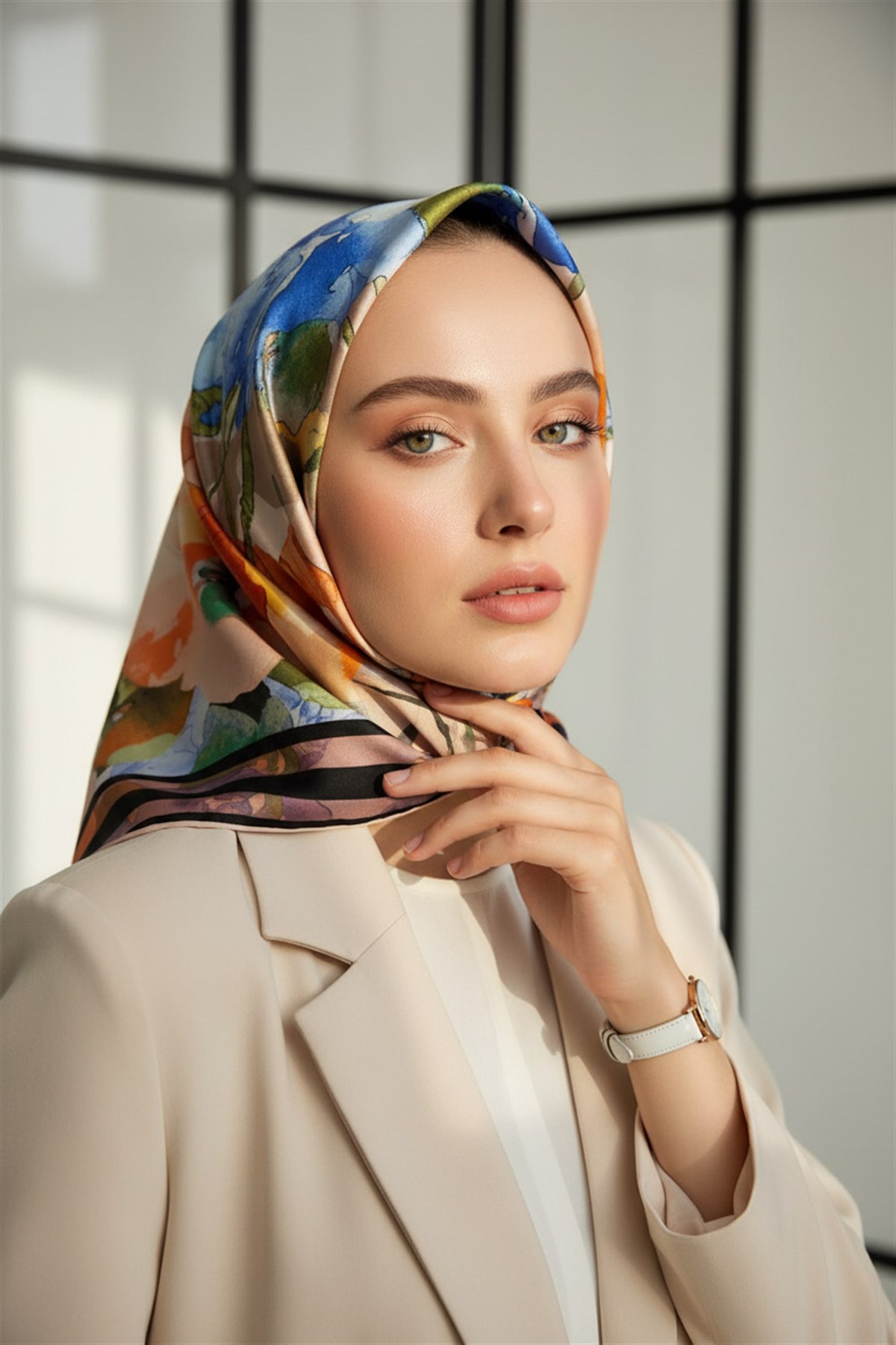 % 57 İPEK % 43 VİSKON Twill İpek Sulu Boyalı Çiçek Desenli Somon - Kırmızı Renkli 90x90 Eşarp Dikim Şekli : El Dikişi