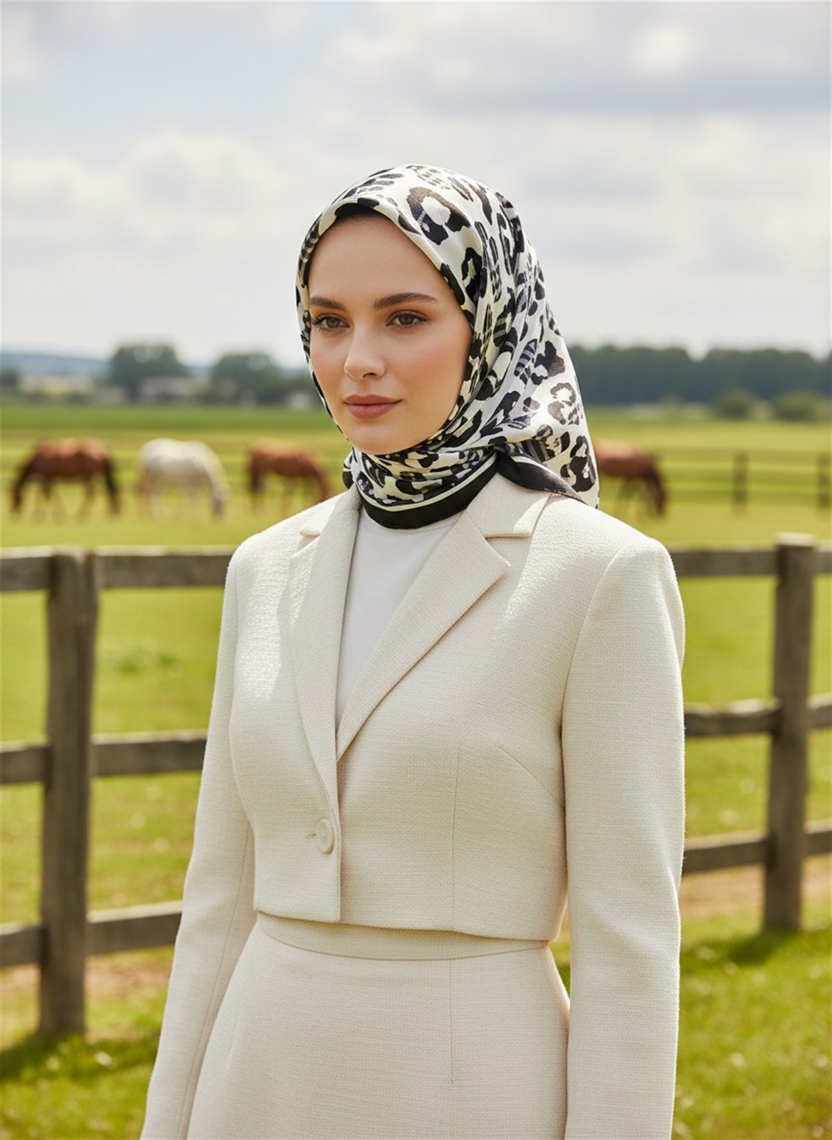%100 Twill İpek Leopar Desenli Krem - Siyah Renkli 90x90 Eşarp Dikim Şekli : El Dikişi