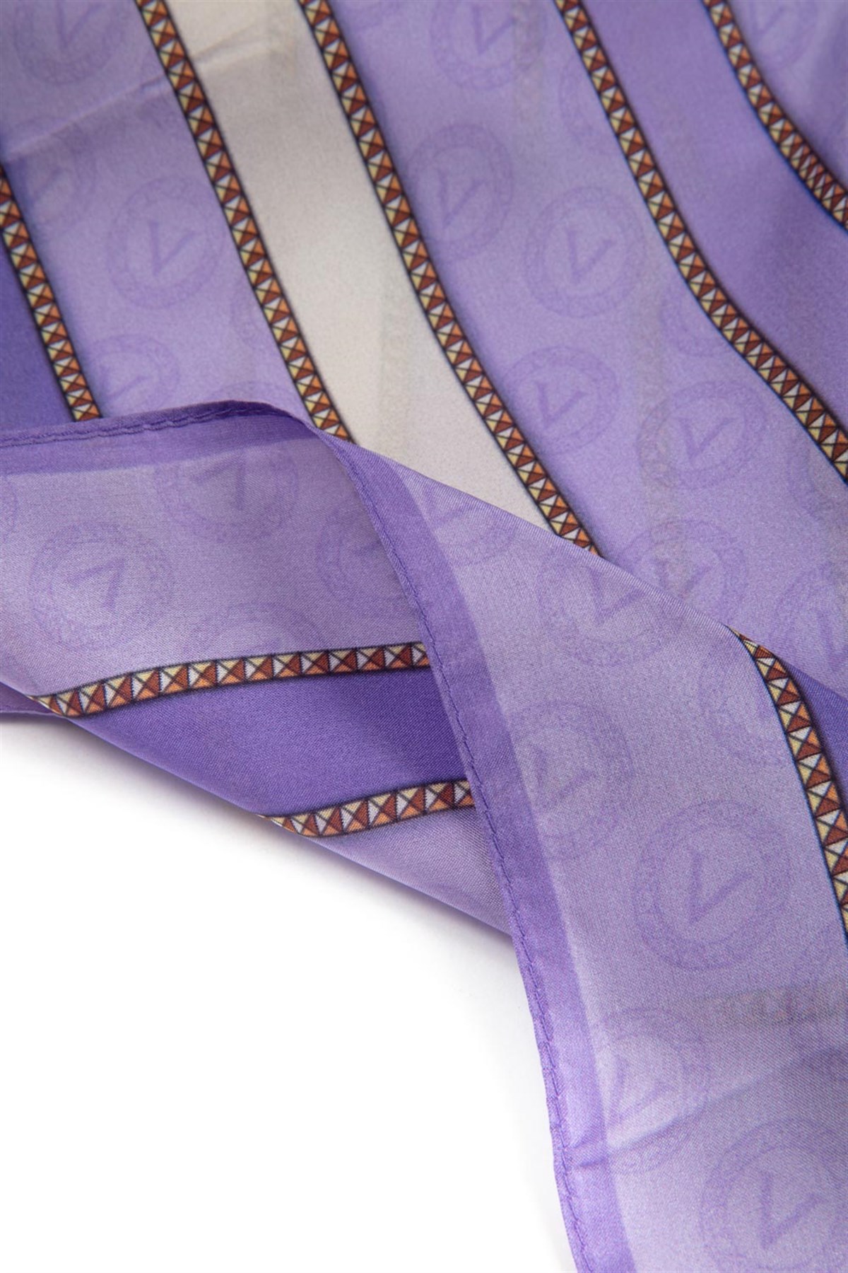 %100 İpek Monogram Desenli Lila - Krem Renkli 92x210 Şal