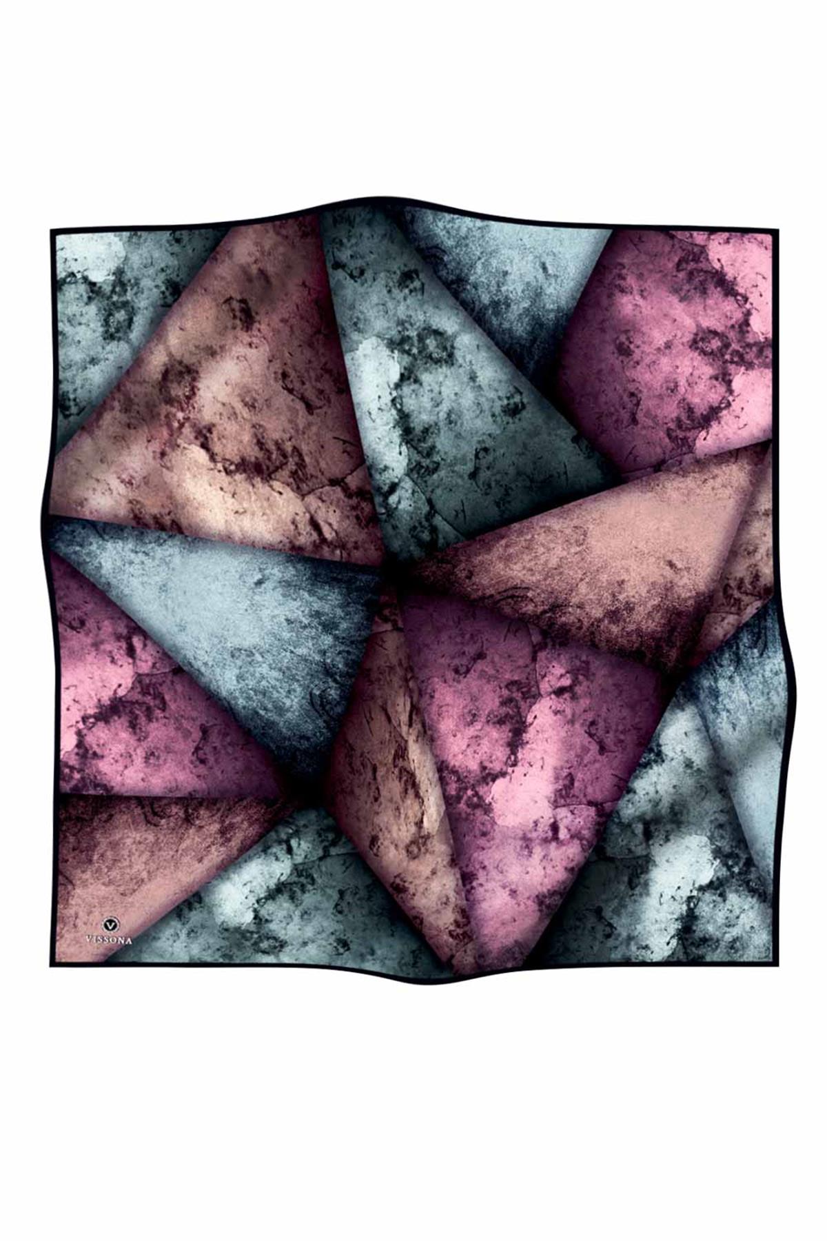 %100 Twill İpek Dokulu Ve Geometrik Desenli Mint Yeşili - Lila Renkli 90x90 Eşarp Dikim Şekli : El Dikişi