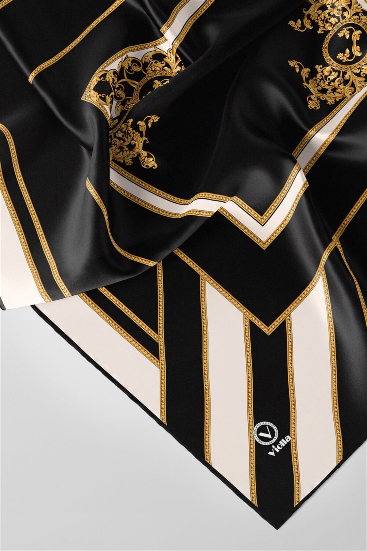 Twill Barok Desenli Siyah - Krem Renkli 90x90 Eşarp (İpek İçermez) Dikim Şekli : El Dikişi