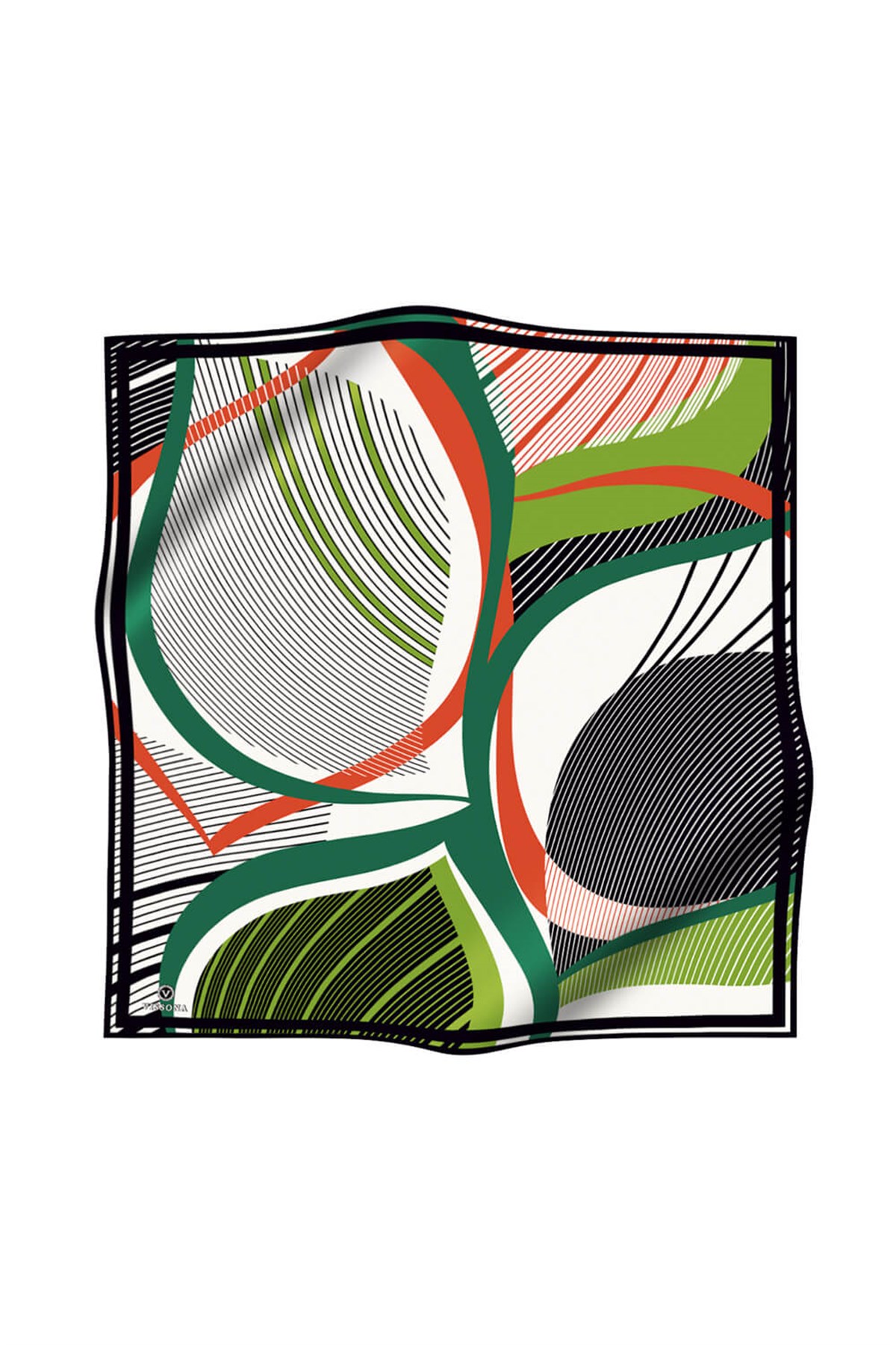 %100 Twill İpek Çizgili Geometrik Desenli Siyah - Fıstık Yeşili Renkli 90x90 Eşarp Dikim Şekli : El Dikişi