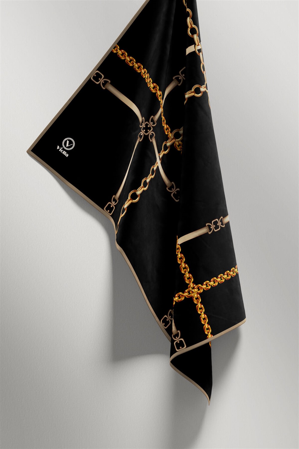 Twill Zincir ve Kemer Desenli Siyah Renkli 90x90 Eşarp (İpek İçermez) Kenar Dikiş Şekli El Dikişli