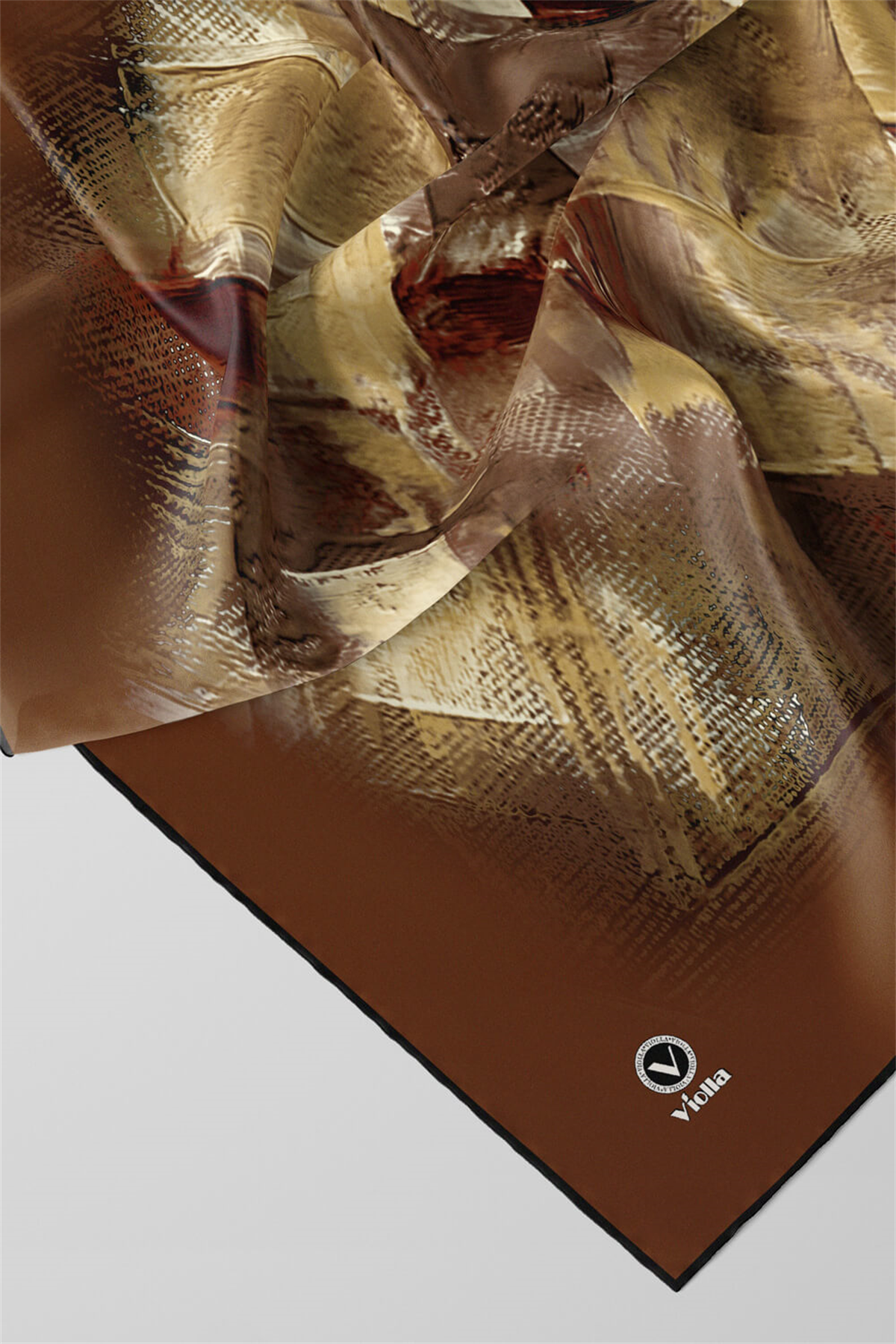 Twill Fırça Efektli Desenli Taba Renkli 90x90 Eşarp (İpek İçermez) Kenar Dikiş Şekli El Dikişli