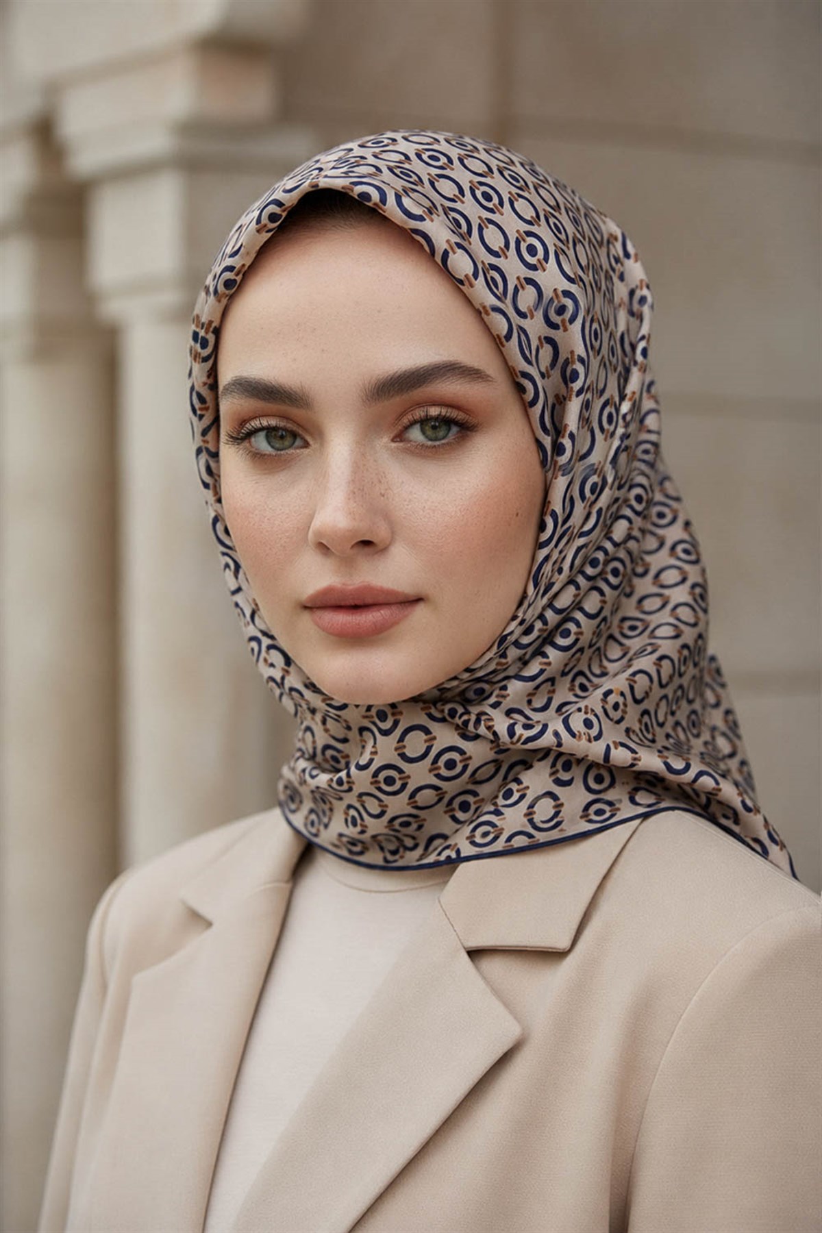%100 Twill İpek Zincir Desenli Bej - Lacivert Renkli 90x90 Eşarp Kenar Dikiş Şekli El Dikişli