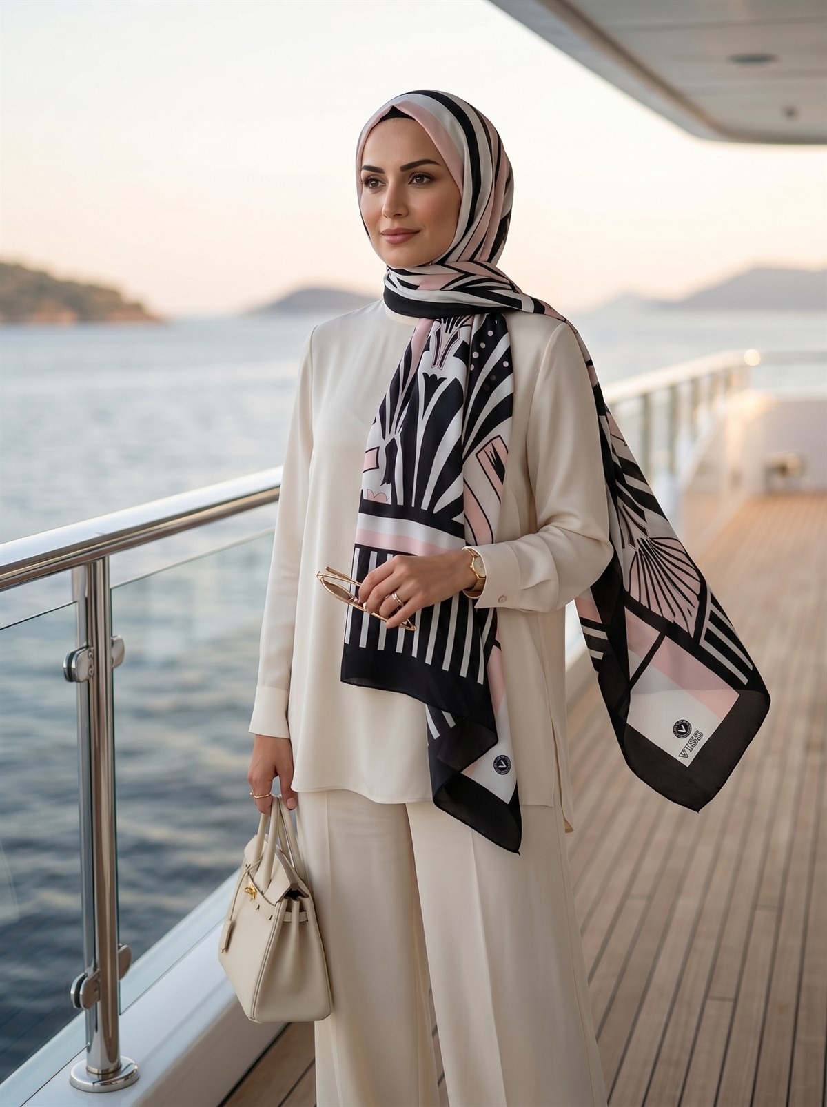 %100 Saf İpek Şal İnce Saten Vual Dokuma Yelpaze Desenli Pudra - Siyah Renkli 90x210 Şal