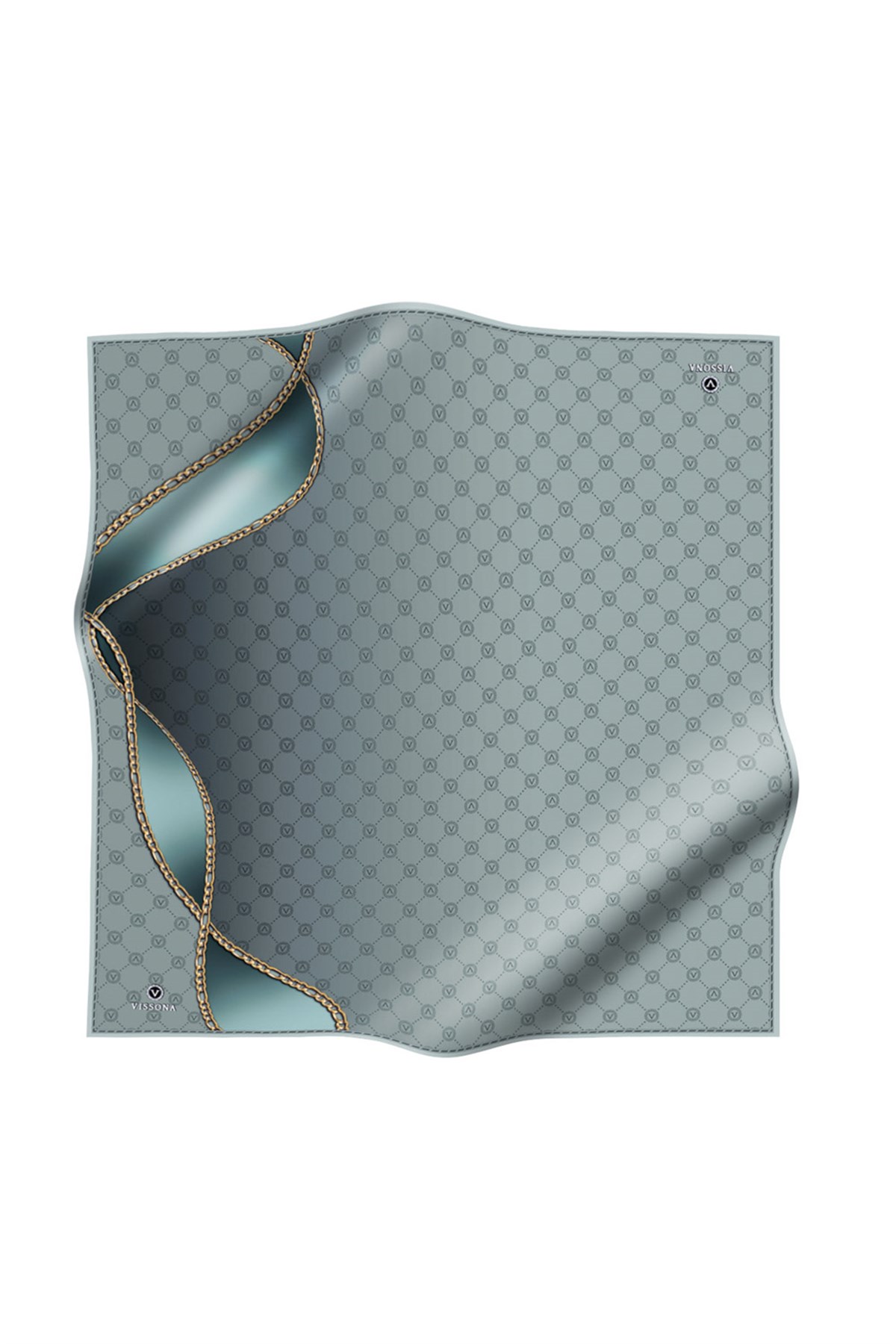 %100 Twill İpek Zincirli Ve Monogram Desenli Mint Yeşili Renkli 90x90 Eşarp Dikim Şekli : El Dikişi