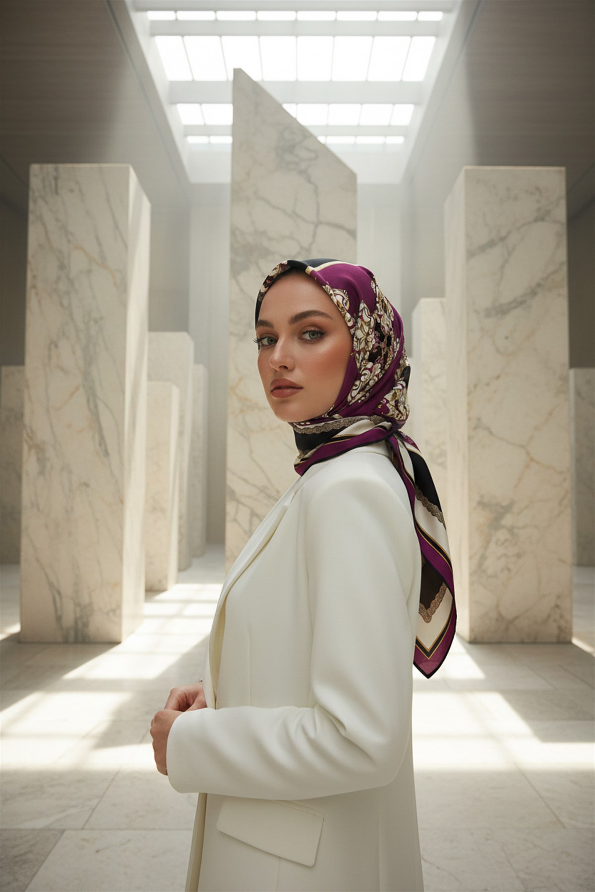 %100 Twill Barok Desenli Mürdüm - Siyah Renkli 90x90 Eşarp Dikim Şekli: El Dikişi