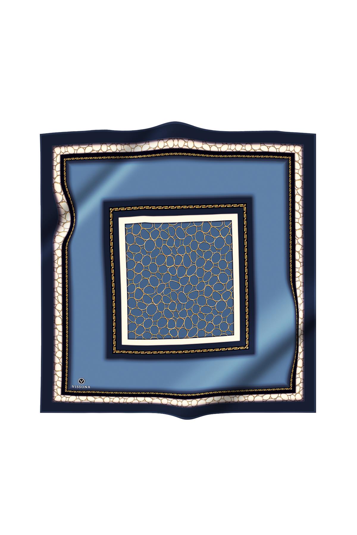 %100 Twill İpek Gold Halka Desenli İndigo - Lacivert Renkli 90x90 Eşarp Dikim Şekli : El Dikişi