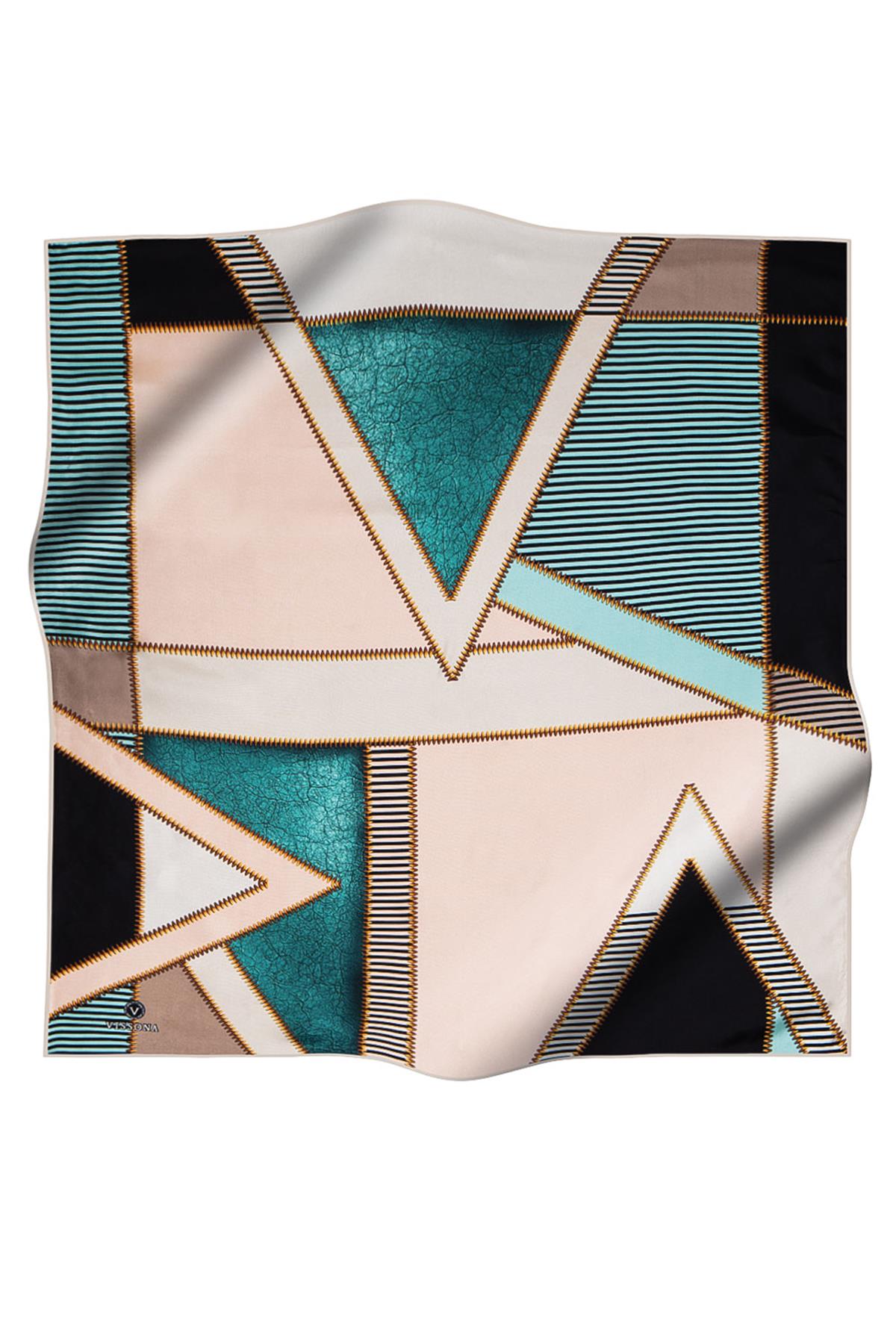 %100 Twill İpek Geometrik Desenli Zümrüt Yeşili - Somon Renkli 90x90 Eşarp Dikim Şekli : El Dikişi