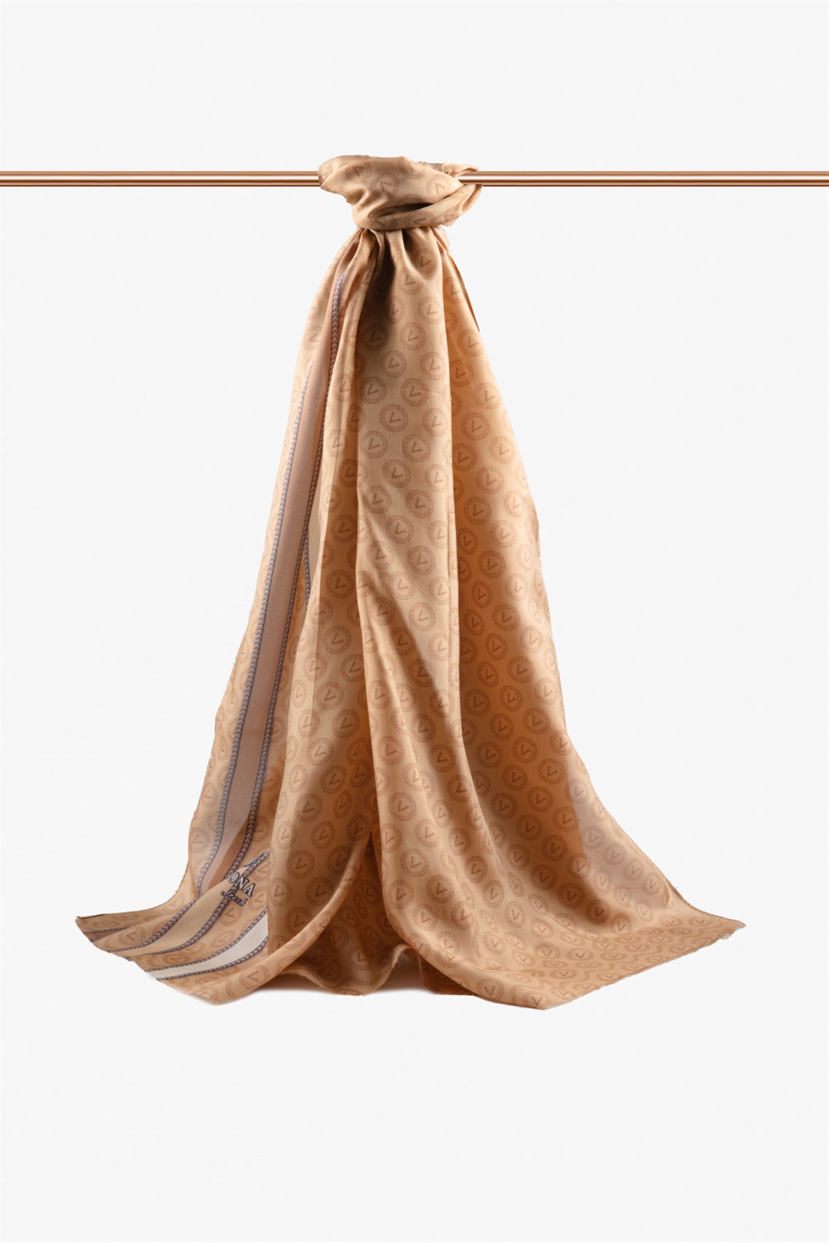 %100 İpek Monogram Desenli Gold - Beyaz Renkli 92x210 Şal