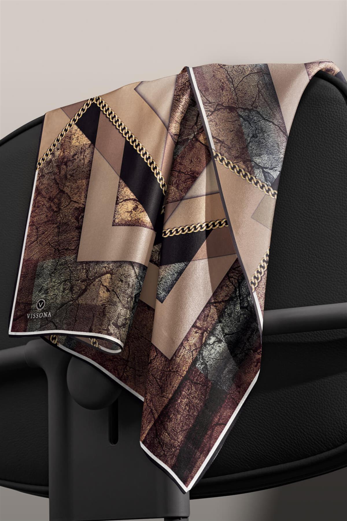 %100 Twill İpek Taş Efekti Desenli Hardal - Siyah Renkli 90x90 Eşarp Dikim Şekli : El Dikişi