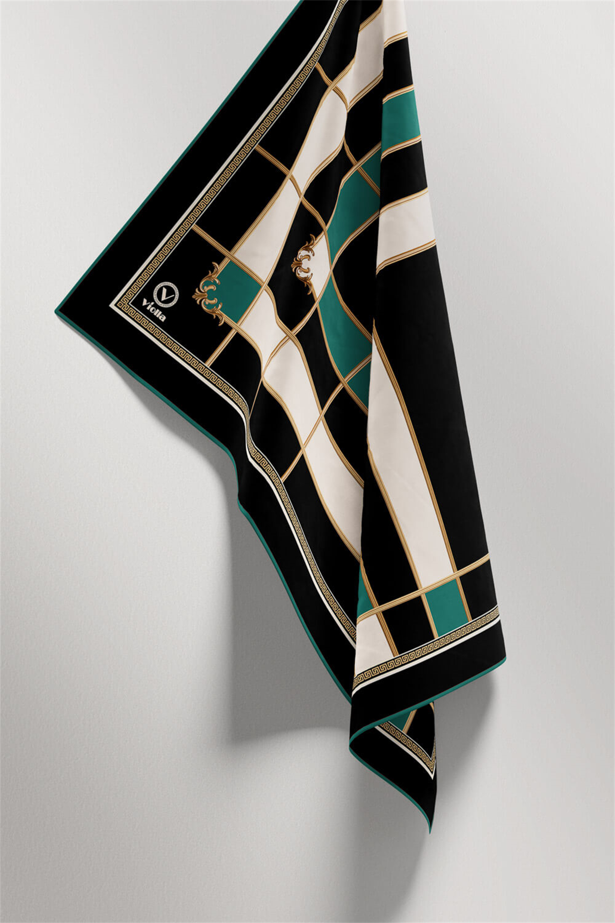 Twill Gold Detaylı Kareli Desenli Petrol Yeşili Renkli 90x90 Eşarp (İpek İçermez) Kenar Dikiş Şekli El Dikişli