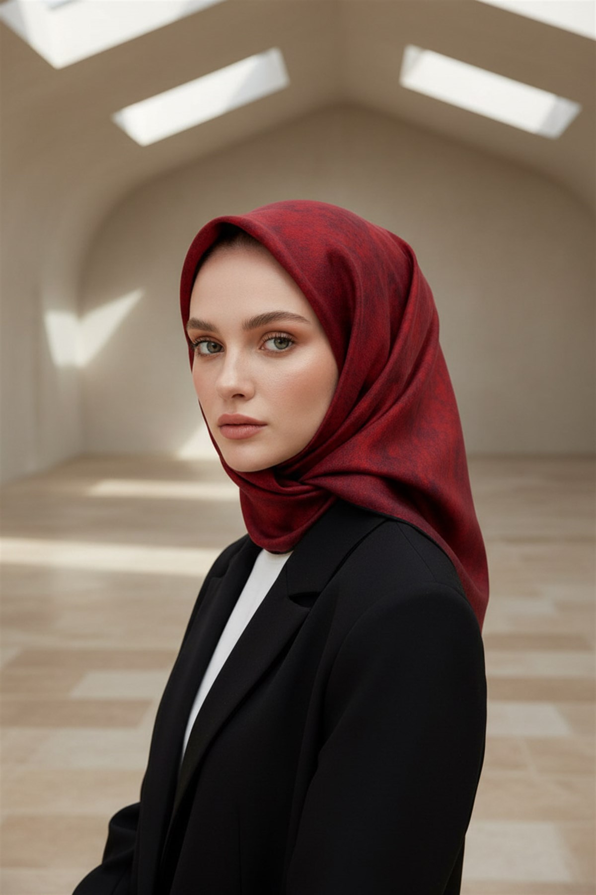 %100 Twill İpek Doku Desenli Kırmızı Renkli 90x90 Eşarp Dikim Şekli : El Dikişi