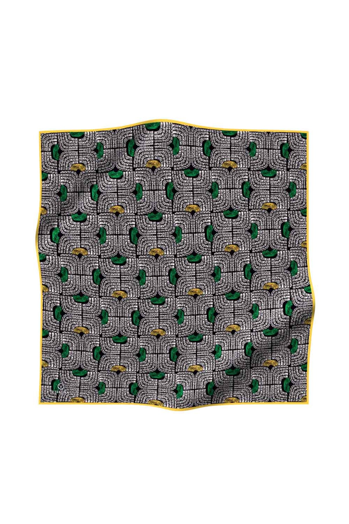 %100 Twill İpek Geometrik Desenli Sarı - Siyah Renkli 90x90 Eşarp Dikim Şekli : El Dikişi
