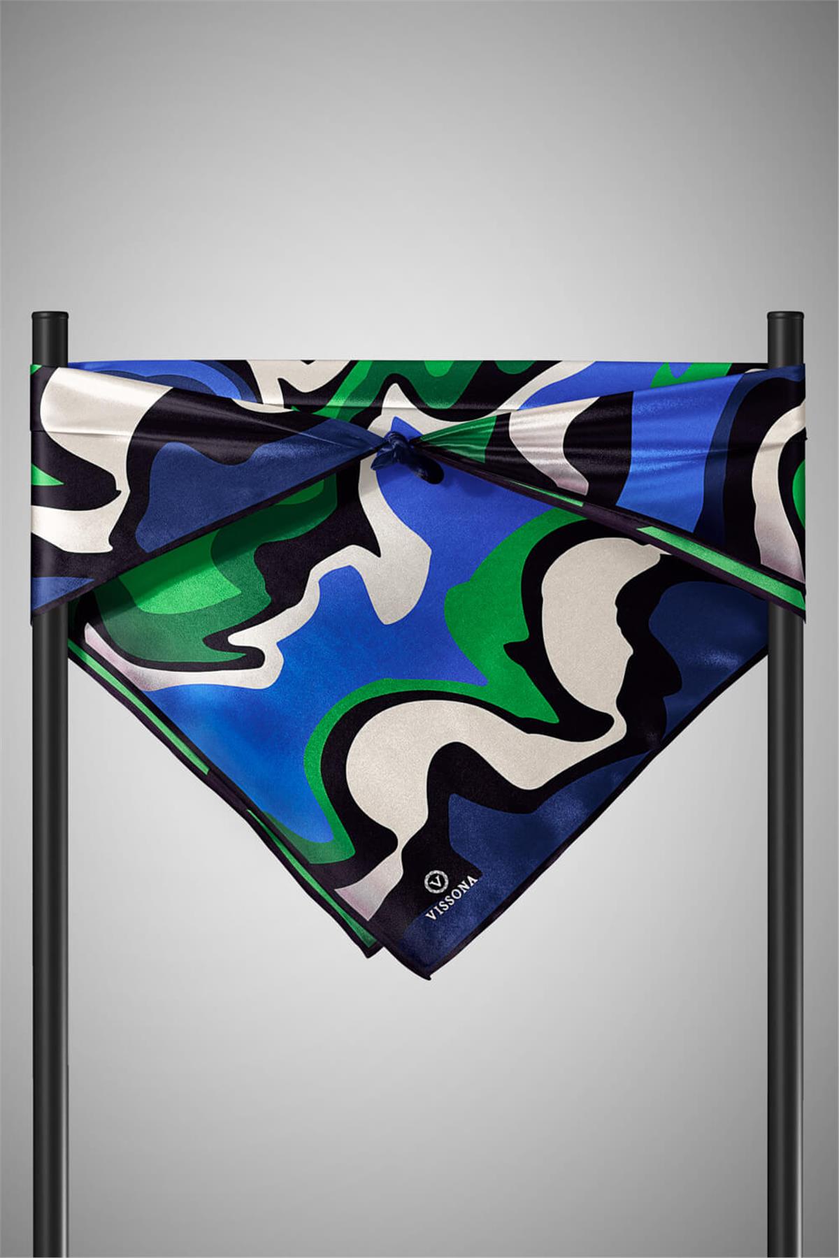 100% Twill İpek Dalga Desenli Saks - Zümrüt Yeşili Renkli 90x90 Dikim Şekli : El Dikişi Eşarp