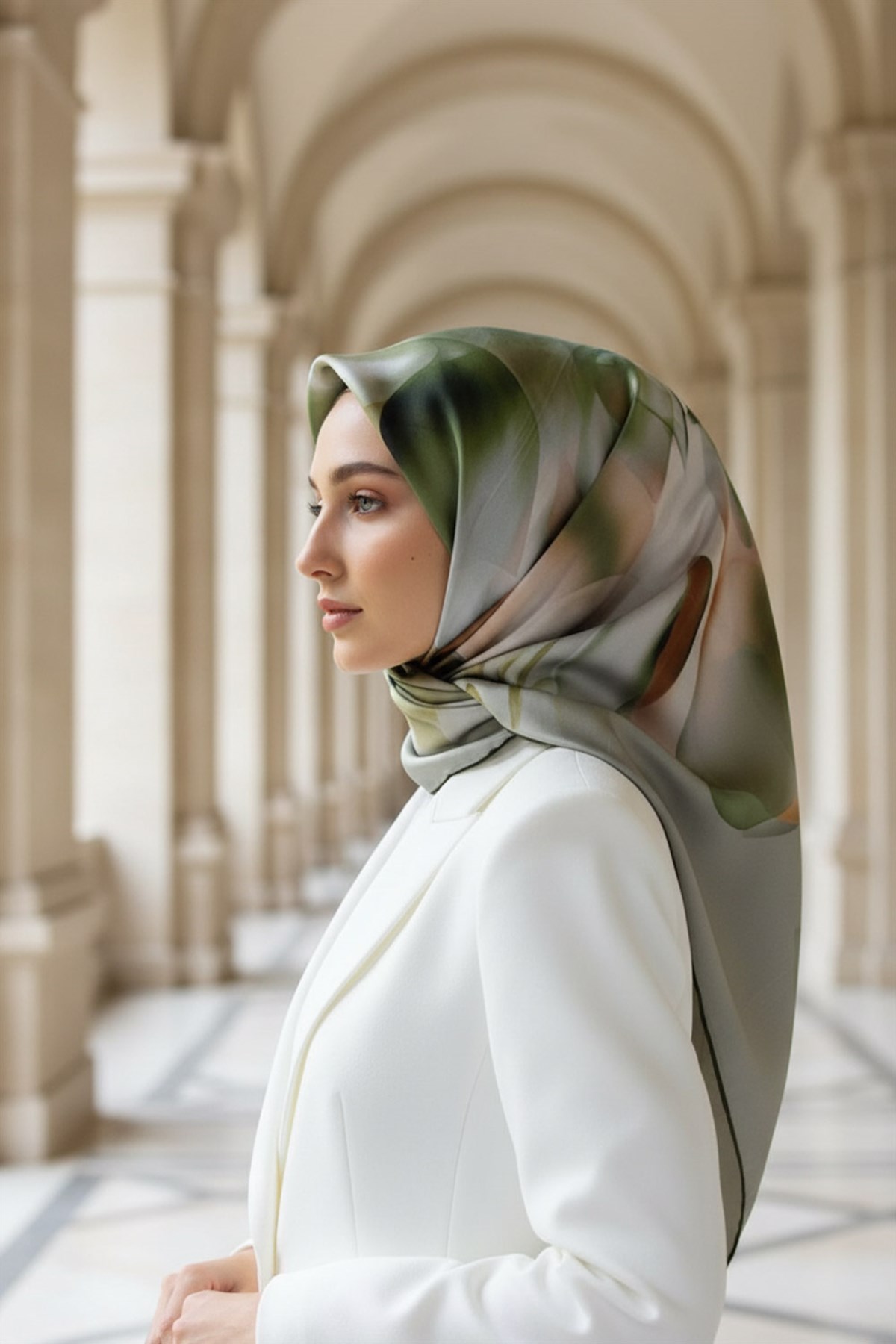 %100 Twill İpek Büyük Çiçek Desenli Haki - Somon Renkli 90x90 Eşarp Dikim Şekli : El Dikişi