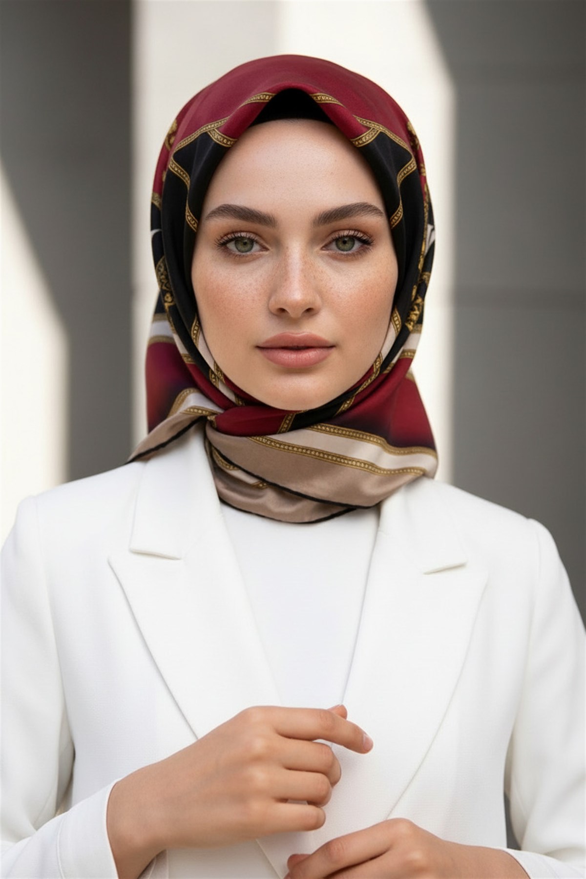 %100 Twill İpek Baroklu Ve Geometrik Desenli Bordo - Bej Renkli 90x90 Eşarp Dikim Şekli : El Dikişi