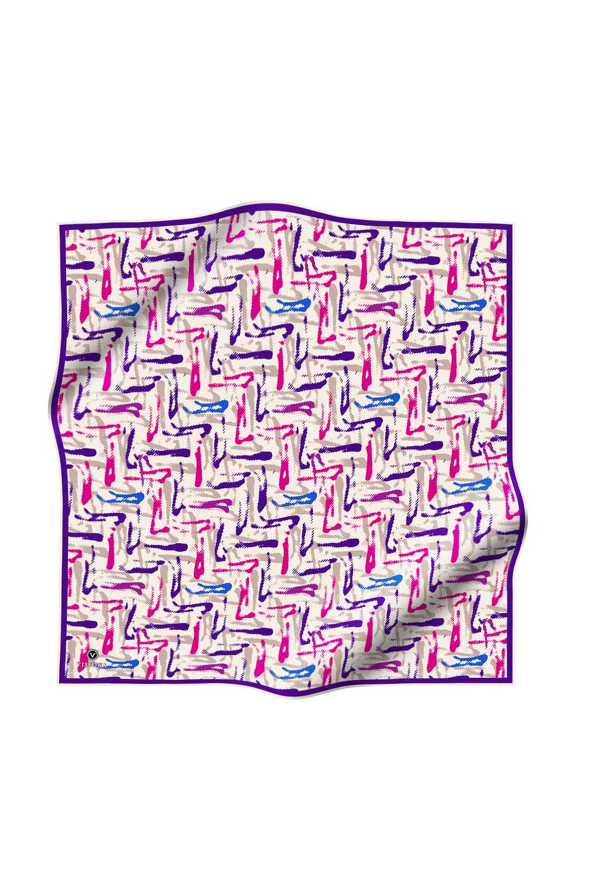 %100 Twill İpek Geometrik Desenli Mor - Fuşya Renkli 90x90 Eşarp Dikim Şekli : El Dikişi