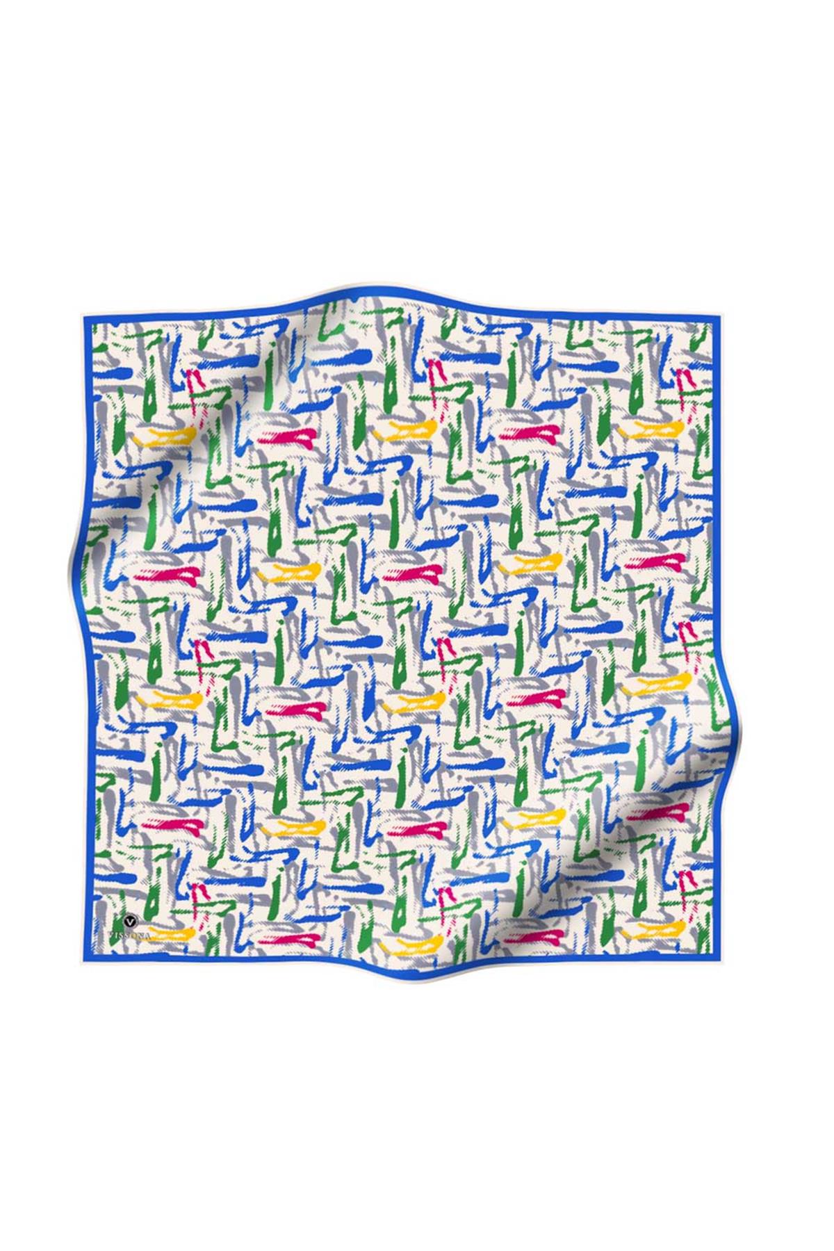 %100 Twill İpek Geometrik Desenli Saks - Zümrüt Yeşili Renkli 90x90 Eşarp Dikim Şekli : El Dikişi