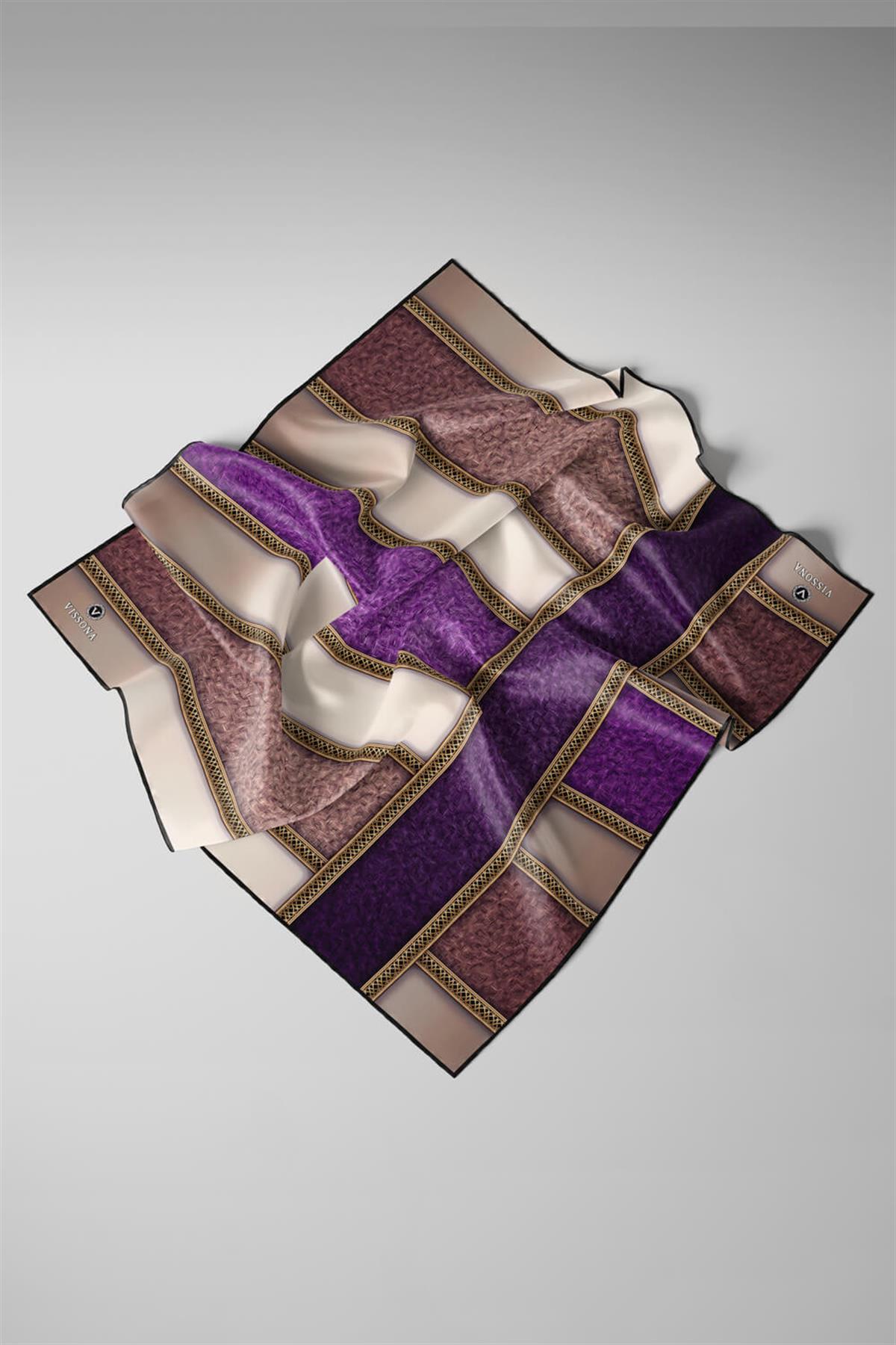 %100 Twill İpek Dokulu Ve Şerit Desenli Mor - Somon Renkli 90x90 Eşarp Dikim Şekli : El Dikişi