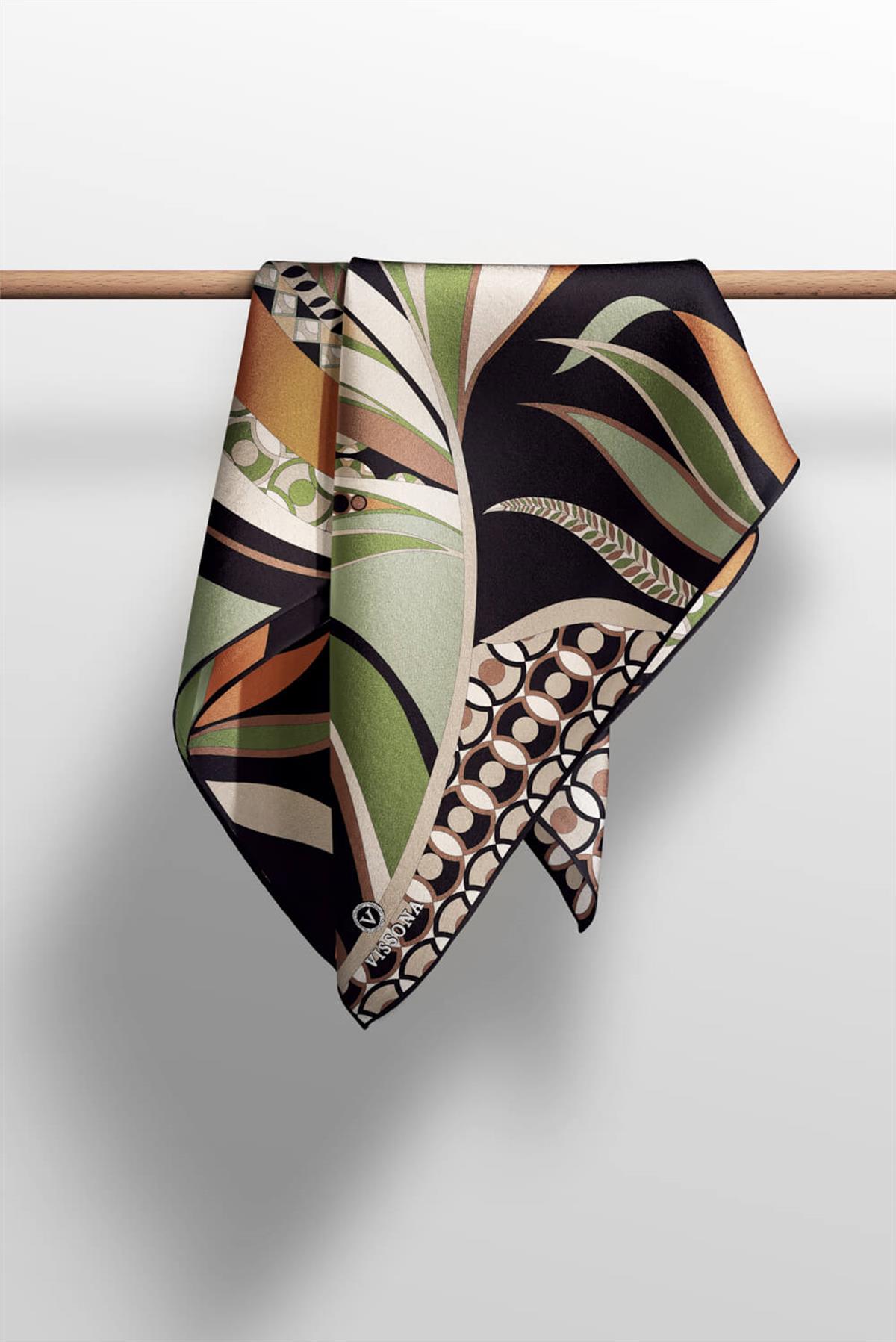 100% Twill Etnik Yaprak Desenli Haki Renkli 90x90 Dikim Şekli : El Dikişi Eşarp