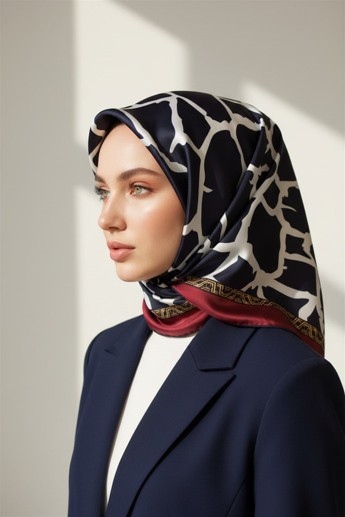 %100 Twill Taş Desenli Lacivert - Bordo Renkli 90x90 Eşarp Dikim Şekli: El Dikişi