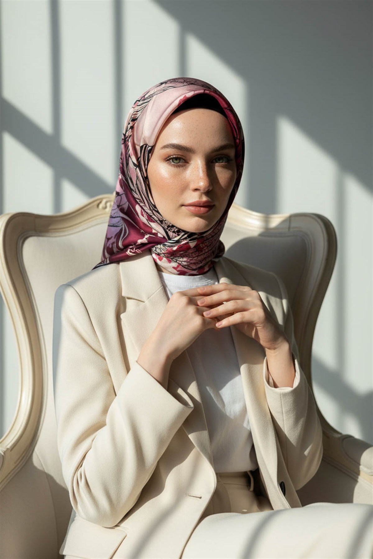 %100 Twill İpek Yaprak Desenli Bordo - Siyah Renkli 90x90 Eşarp Dikim Şekli : El Dikişi