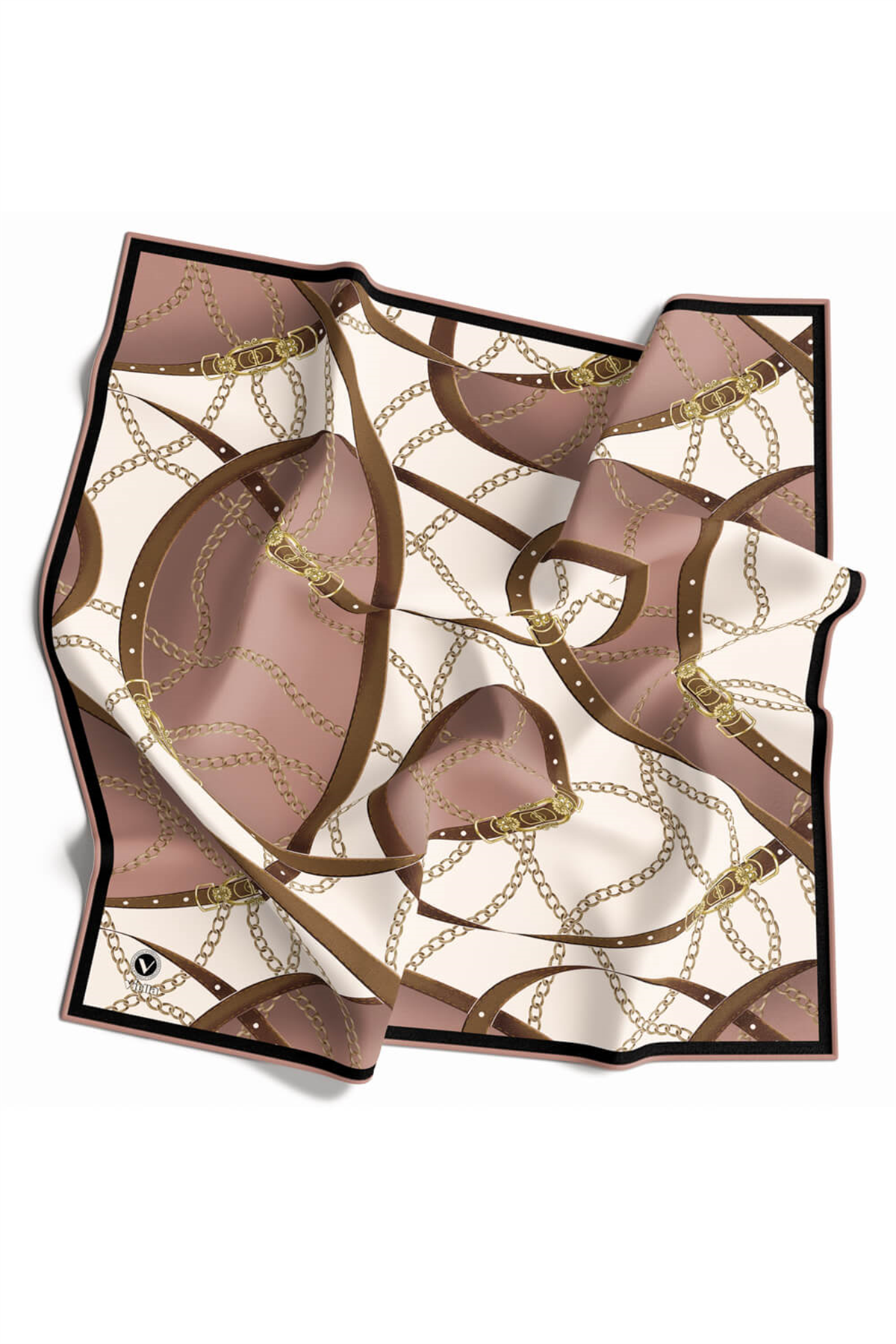 Twill Kemer ve Zincir Desenli Pudra Renkli 90x90 Eşarp (İpek İçermez) Kenar Dikiş Şekli El Dikişli